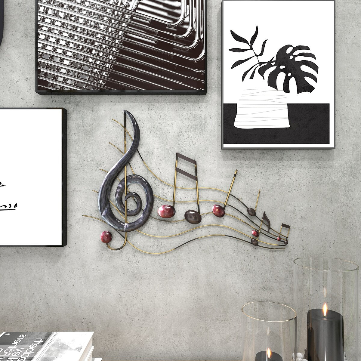 Metal Musical Notes Home Wall Decor with Gold Details - Brown - Roche River Decor