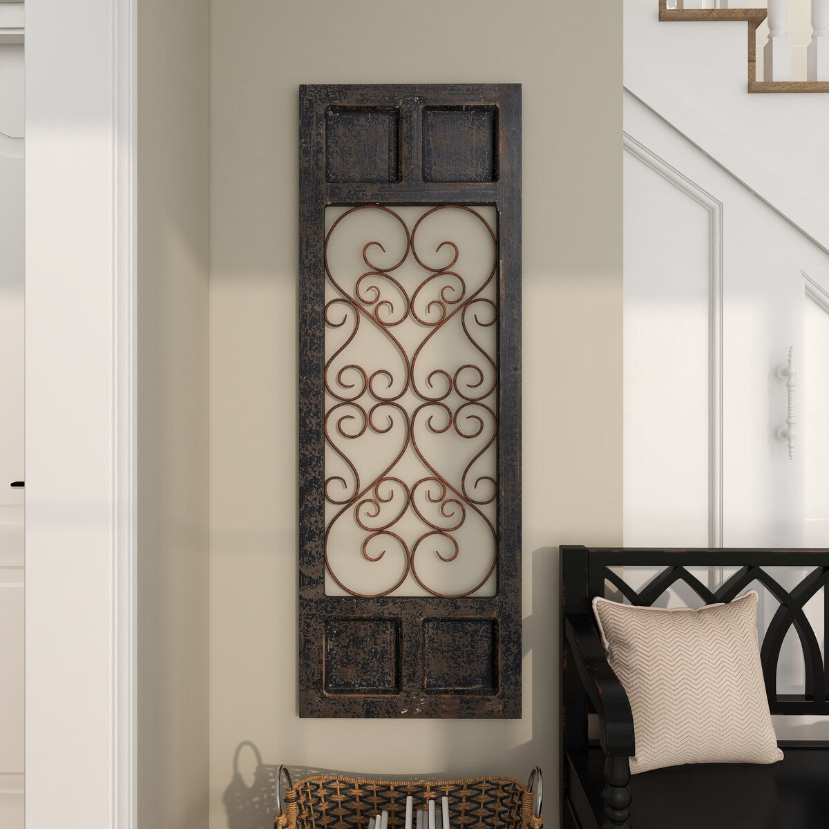 Wood Scroll Window Inspired Panel Home Wall Decor with Copper Metal Scrollwork - Brown - Roche River Decor