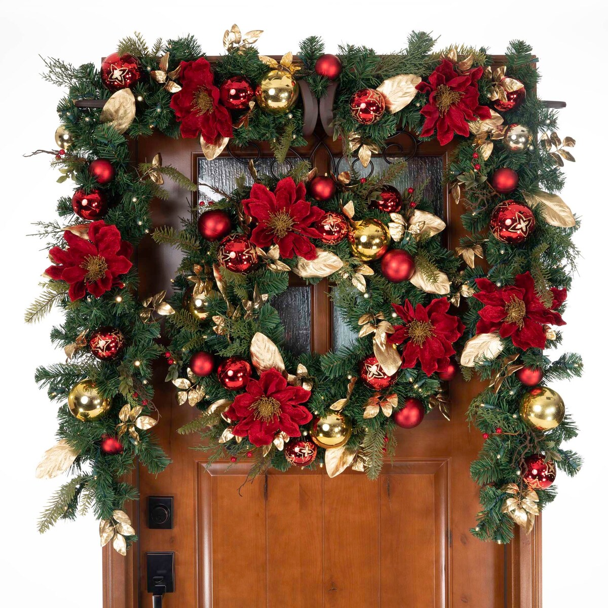 30 in. Lighted Christmas Wreath - Golden Leaf Red Magnolia - 30 Inch