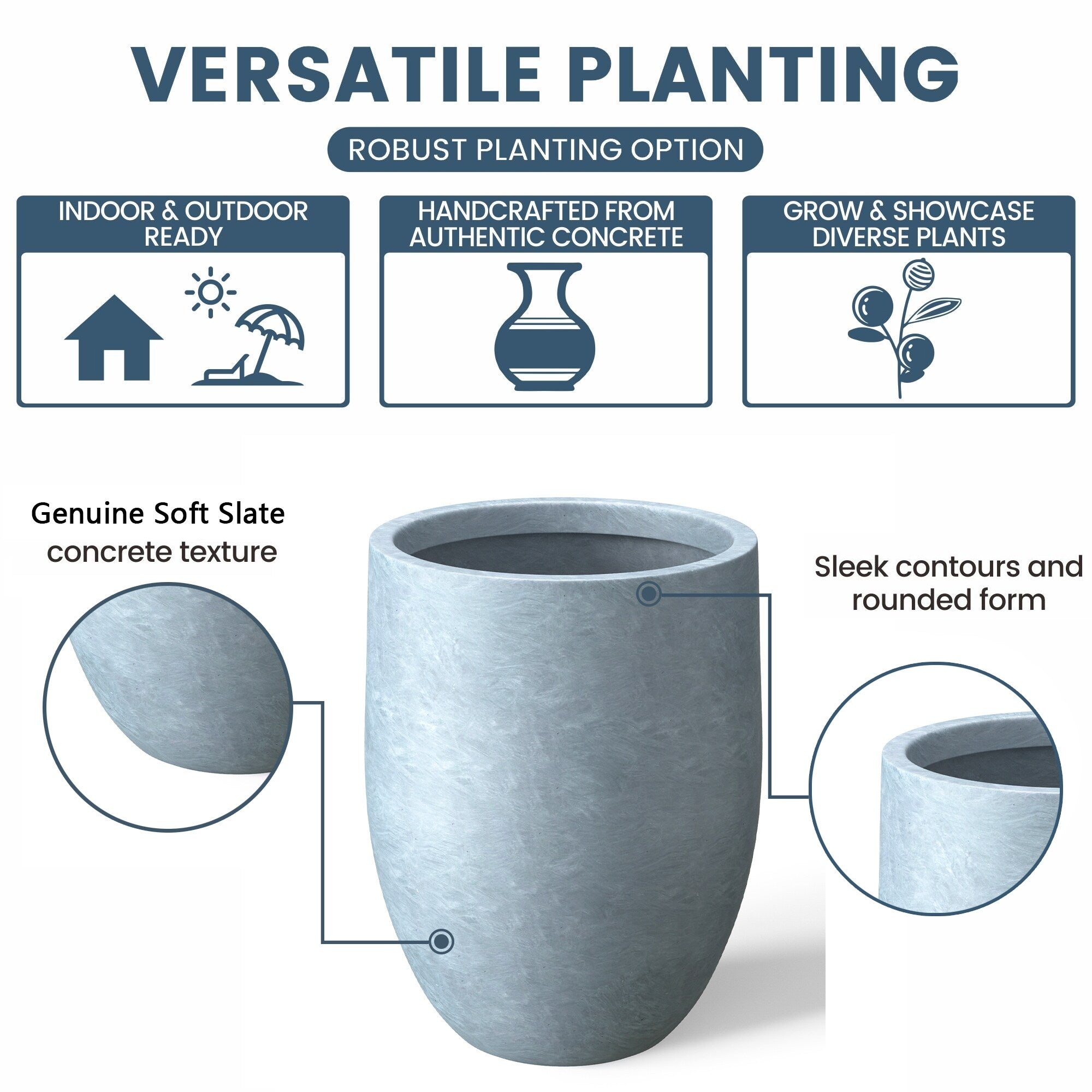 Tall Concrete Round Plant Pots / Large Indoor and Outdoor flower Planters