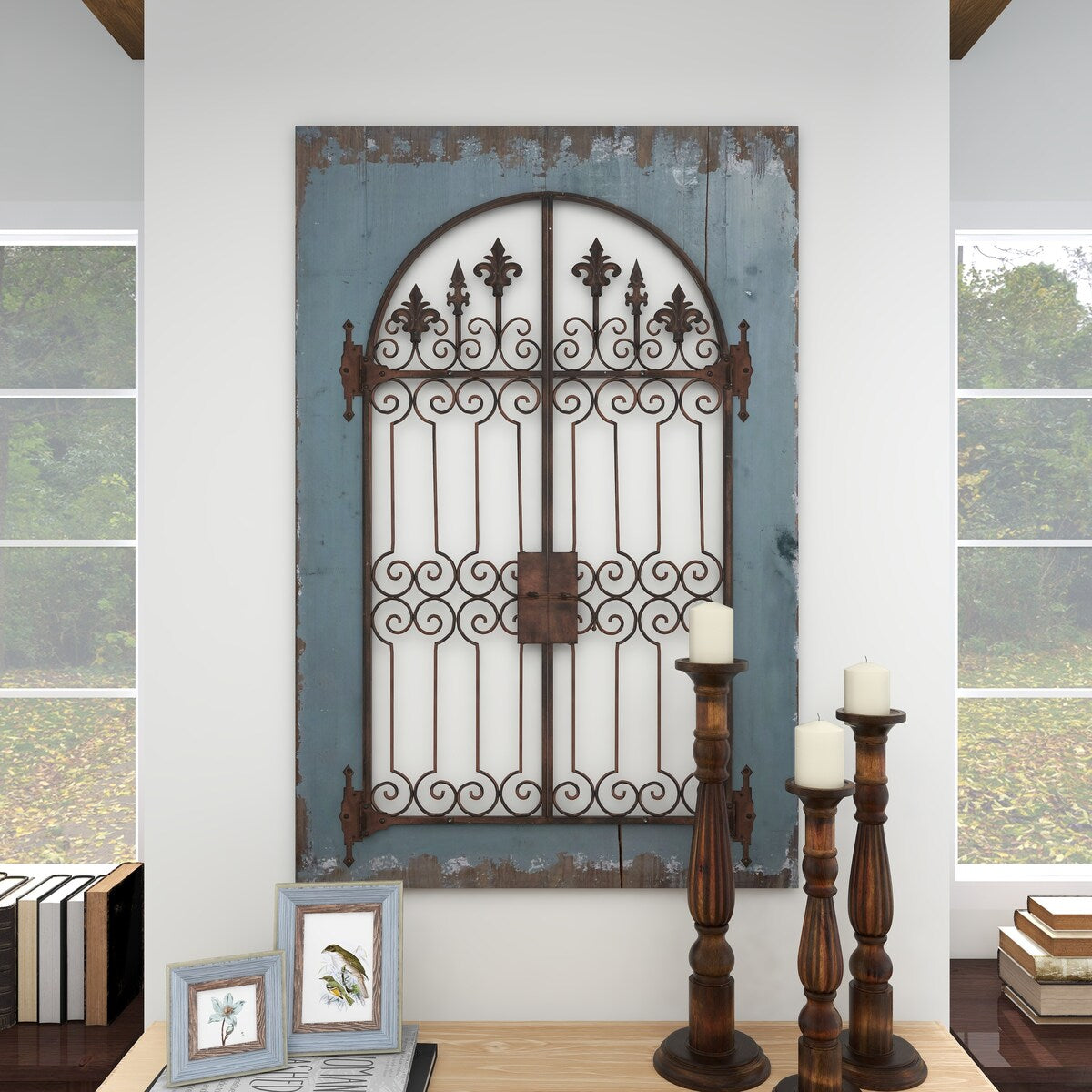 Wood Fleur De Lis Arched Windowpane Home Wall Decor with Rust Metal Scrolled Gate - Blue - Roche River Decor