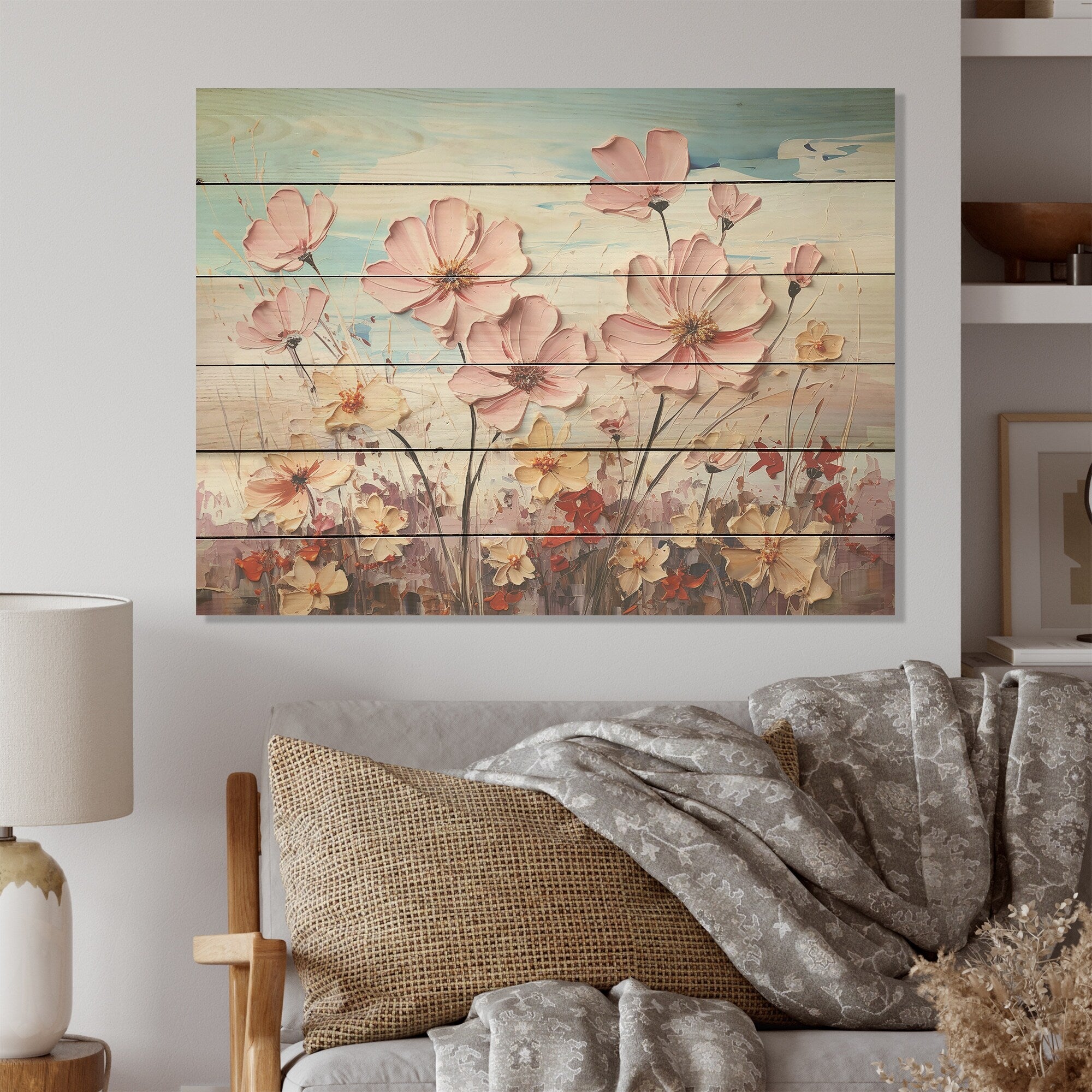 Designart Pink Pansies Blooming Field Flower Field Wood Wall Decor Traditional Pink Wood Panel On Natural Pine Wood