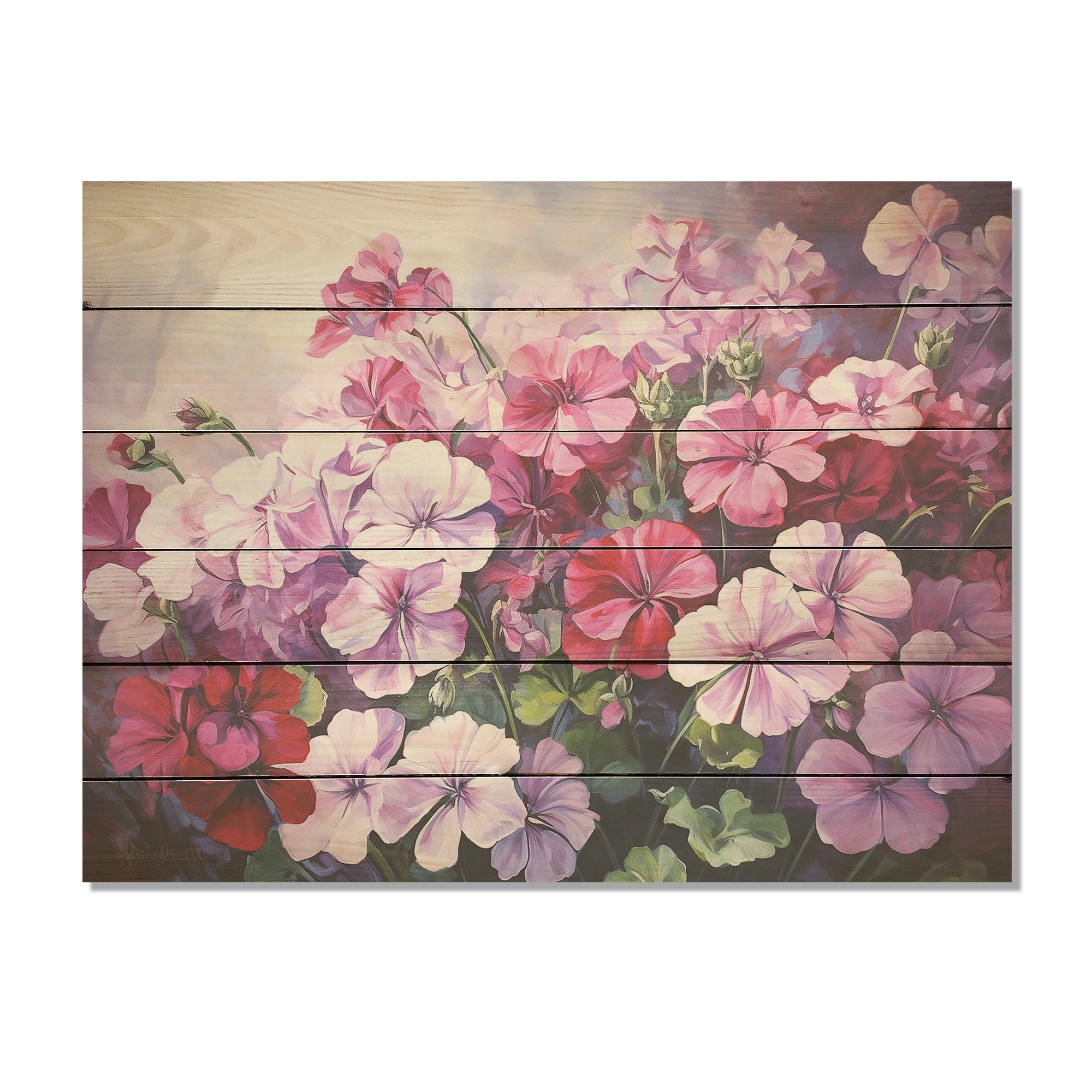 Designart Pink Geraniums Still Life Bloom Flowers Wood Wall Decor - Traditional Pink Wood Panel On Natural Pine Wood