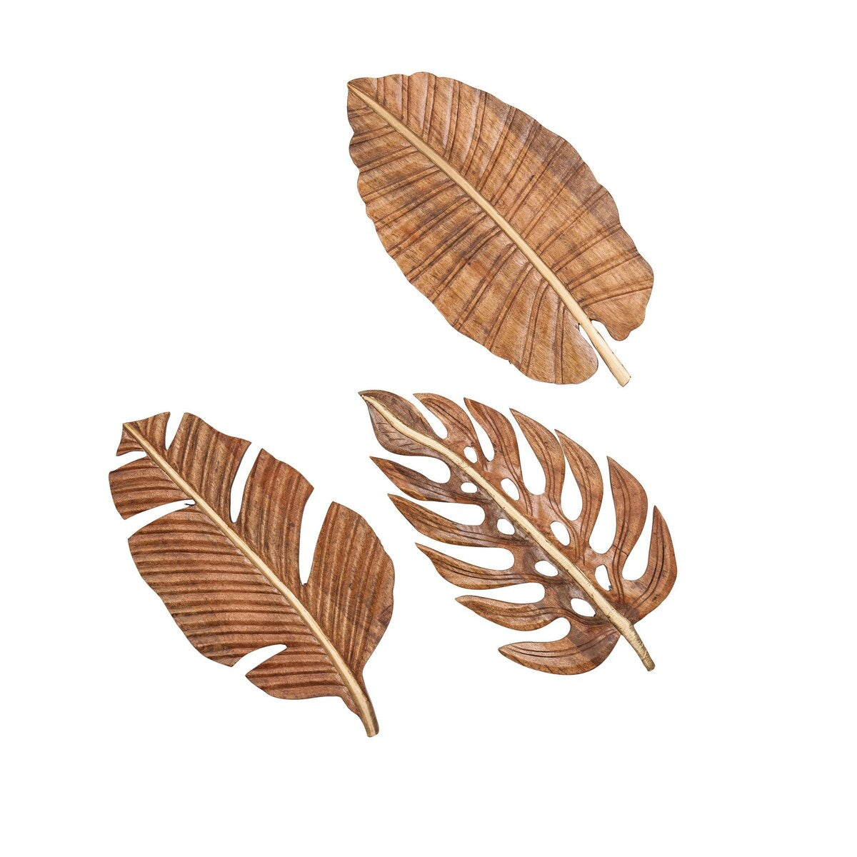 Mango Wood Leaf Handmade Carved Home Wall Decor - Set of 3 Brown - Roche River Decor