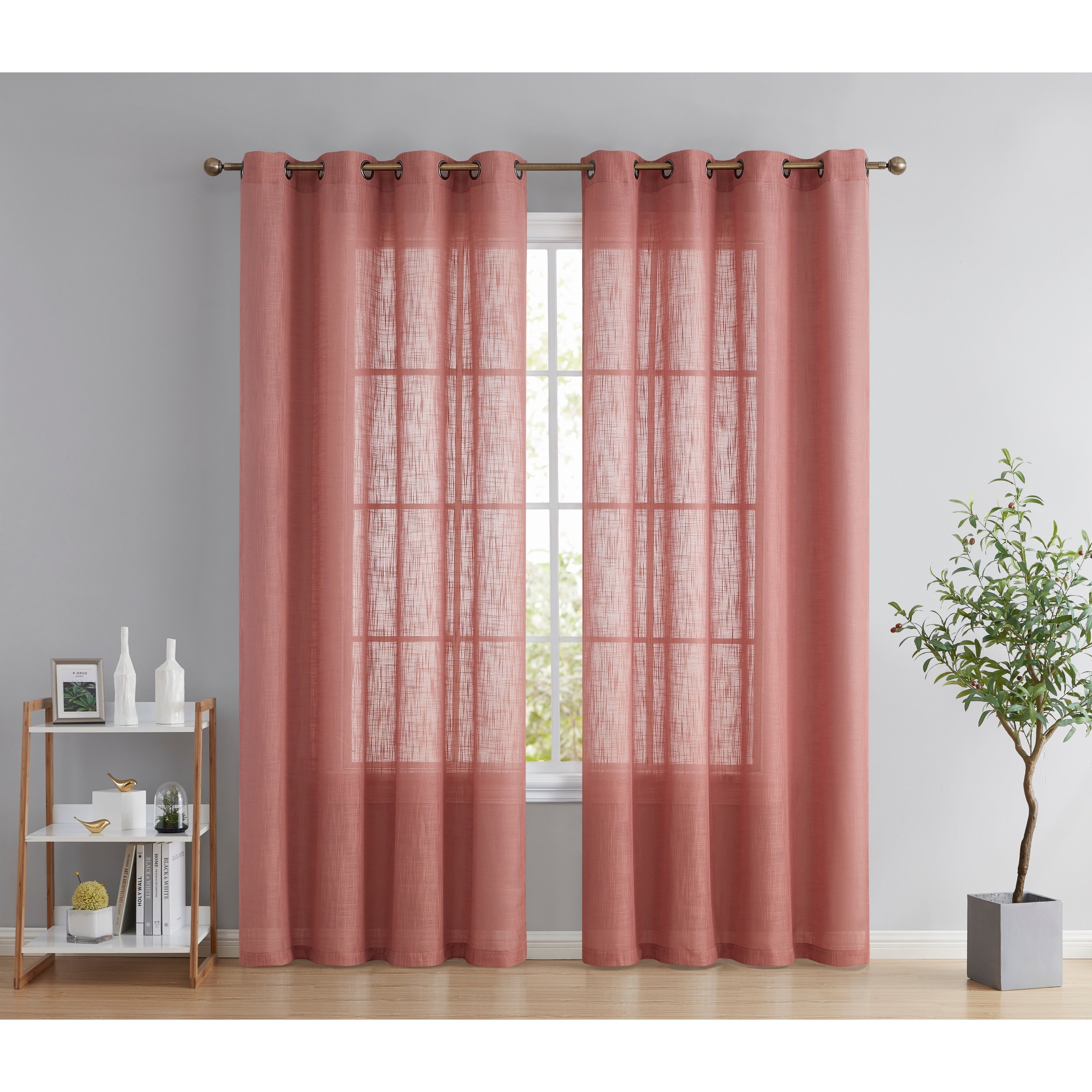 HLC.me Abbey Faux Linen Textured Semi Sheer Privacy Light Filtering Transparent Window Grommet Curtain Panels, Pair