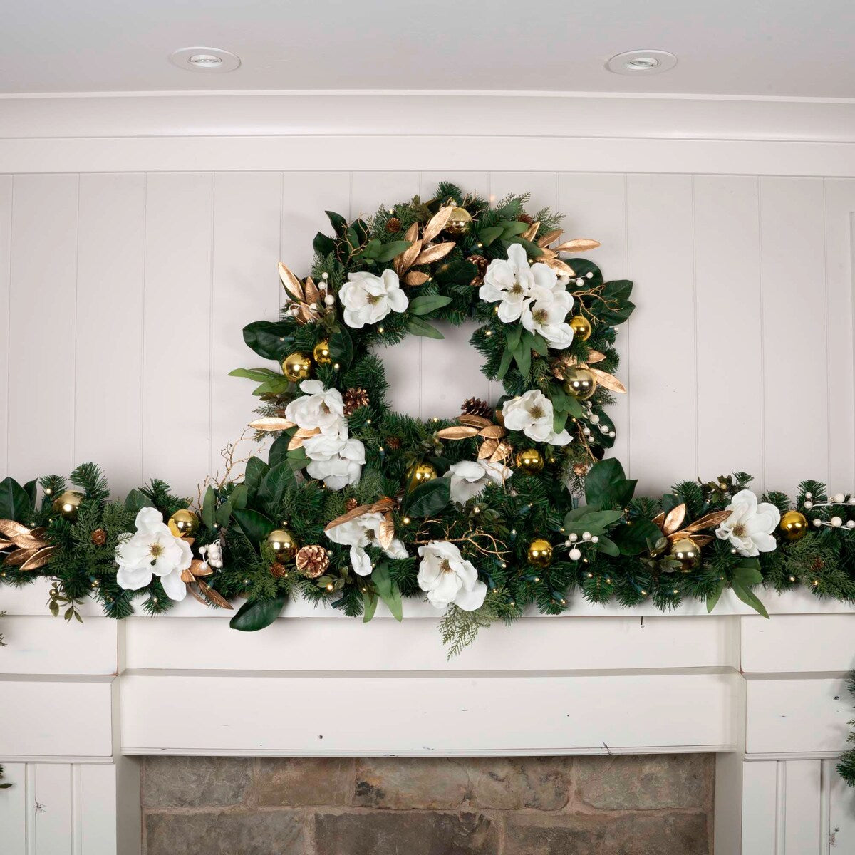 9 ft. Artificial Christmas Garland with Lights - White Gold Magnolia - 9 Foot