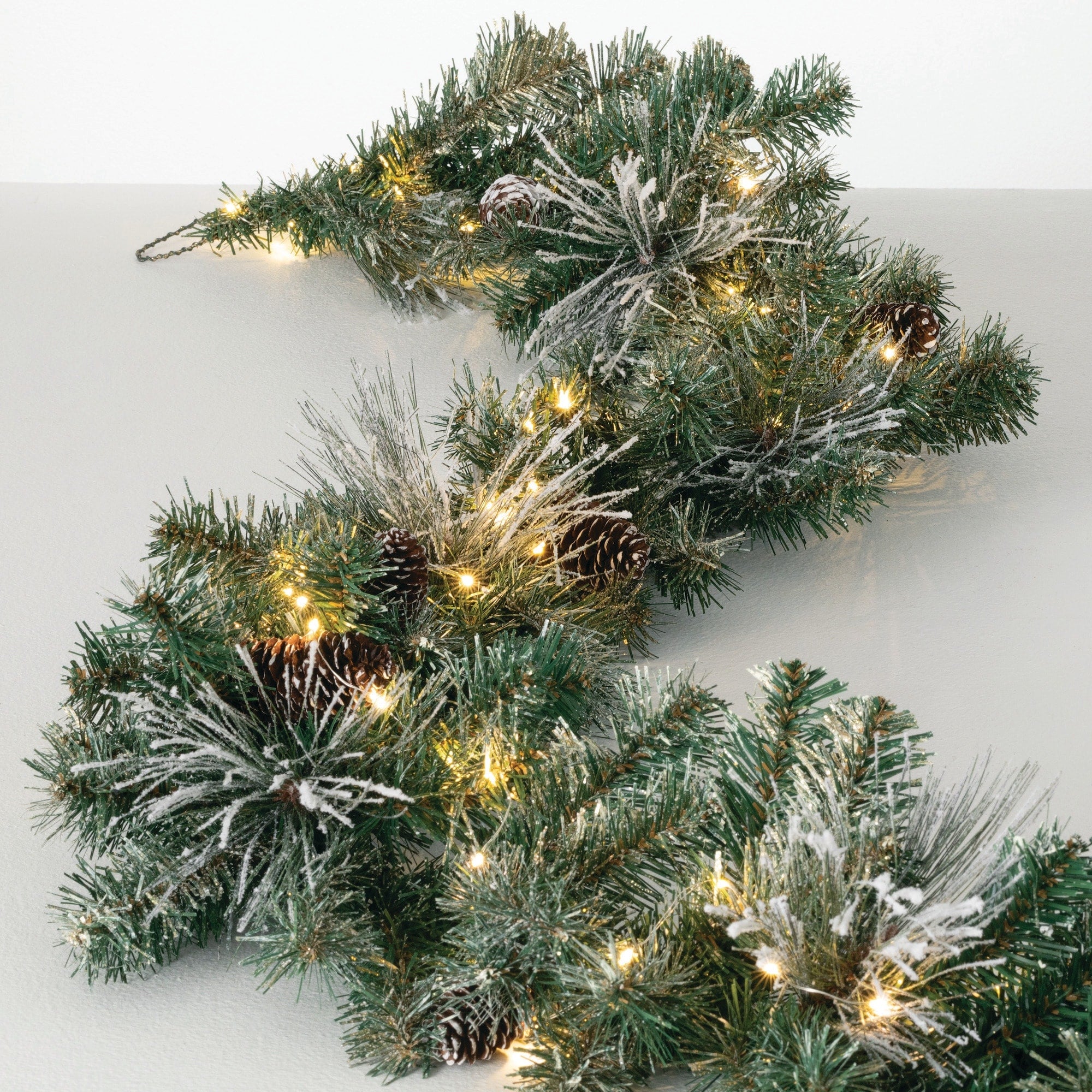 Sullivans Artificial 9' Flocked LED Pine Christmas Garland with Pinecones, Green, Indoor Christmas Decor