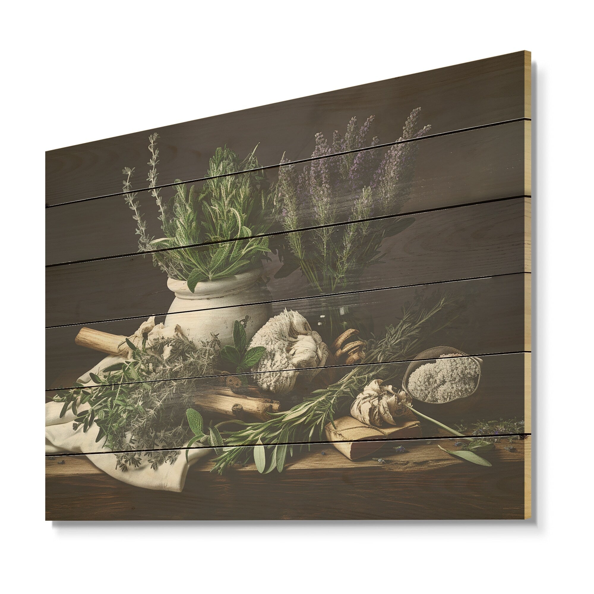 Designart Natures Herbs Bouquet Still Life Herbs Wood Wall Decor - Traditional Green Wood Panel On Natural Pine Wood