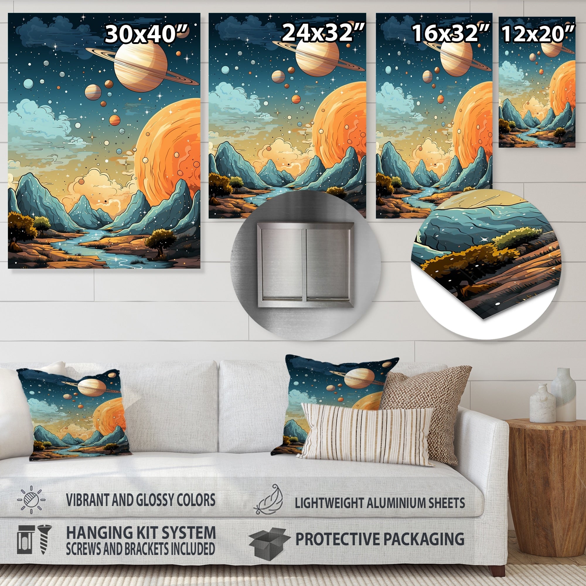 Designart Blue And Orange Cosmic Planet Constellations II Space Planet Metal Art Astronomy & Space Metal Art Work