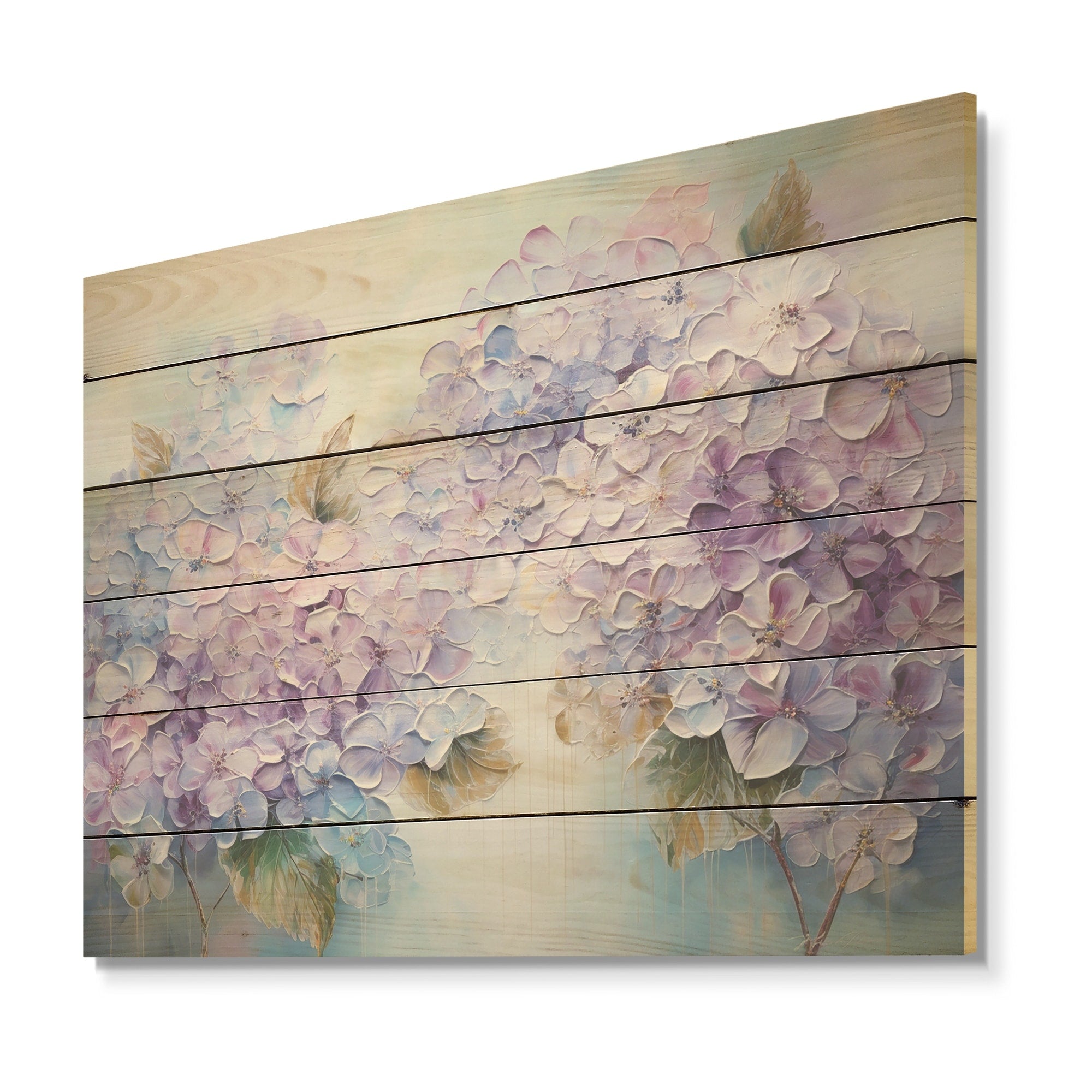 Designart Purple Hydrangea Paradise Flowers I Flower Field Wood Wall Decor - Purple Wood Panel On Natural Pine Wood