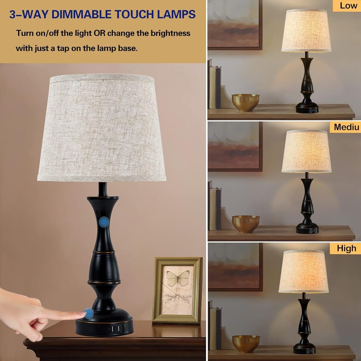 Table Lamps with 2 USB Charging Ports, 3 Ways Dimmable Touch Control Nightstand Bedside Lamps Bedroom Decor