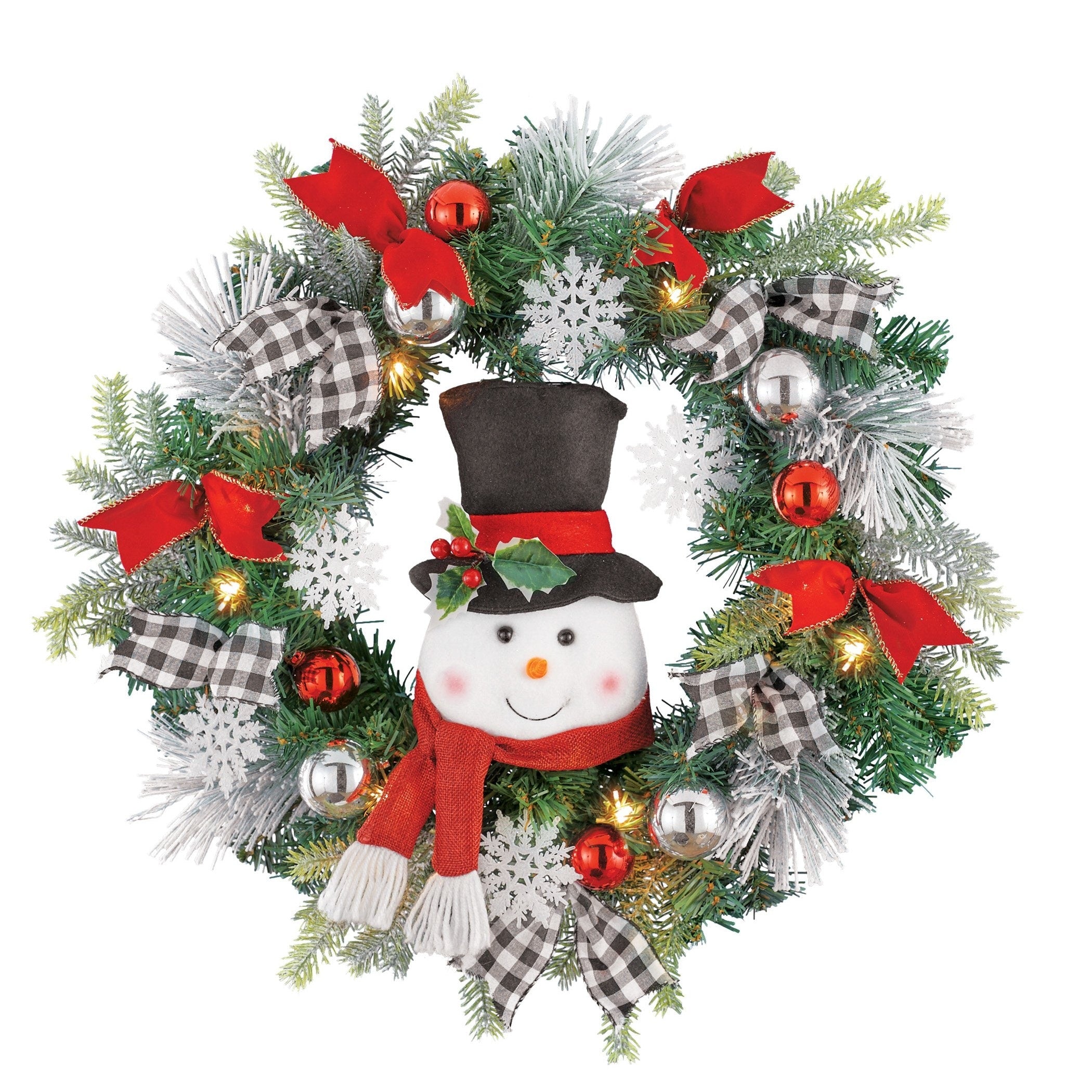 LED Lighted Winter Snowman Wreath with Black/White Buffalo Check Bows - 20 x 22 x 5