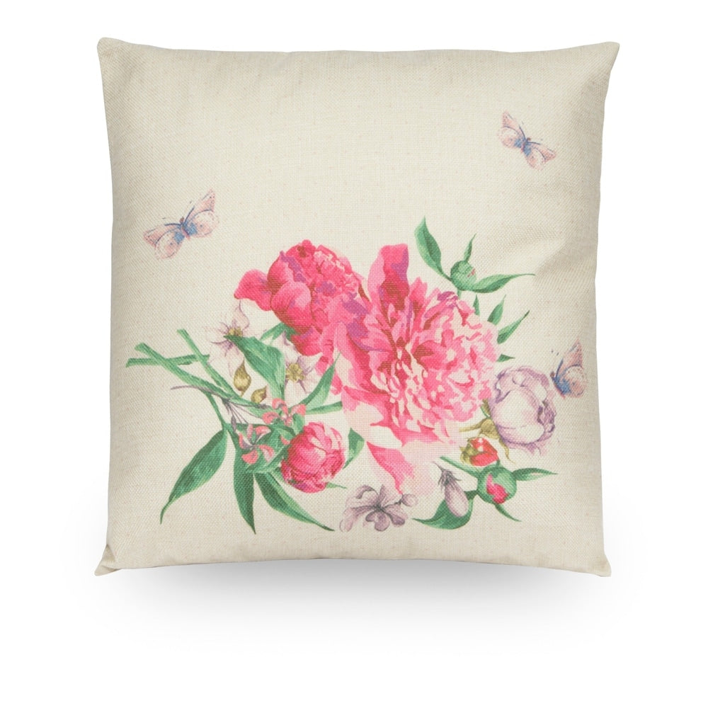 Pink Floral 18 Faux Linen Throw Pillow Cover, Decorative Pillowcase