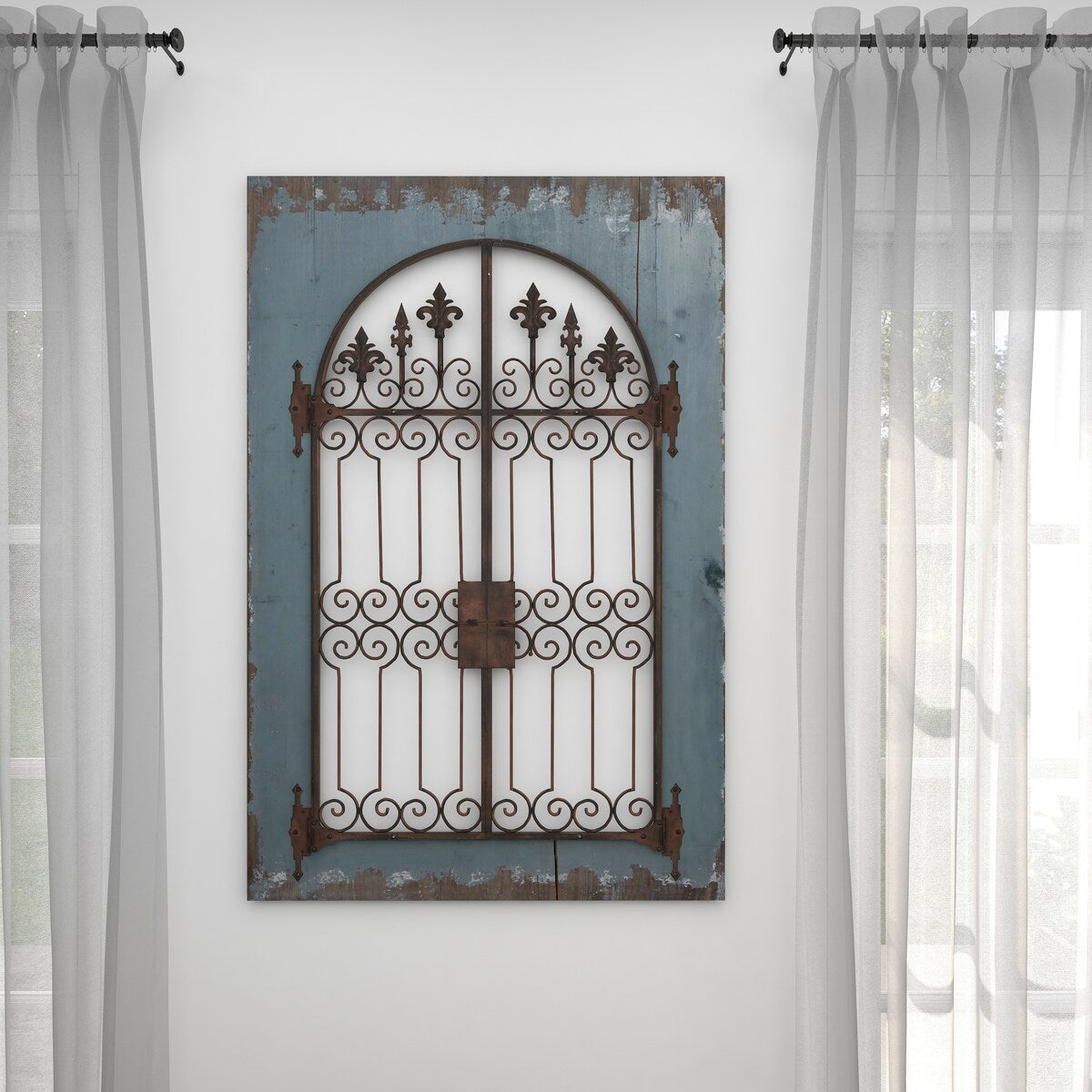 Wood Fleur De Lis Arched Windowpane Home Wall Decor with Rust Metal Scrolled Gate - Blue - Roche River Decor