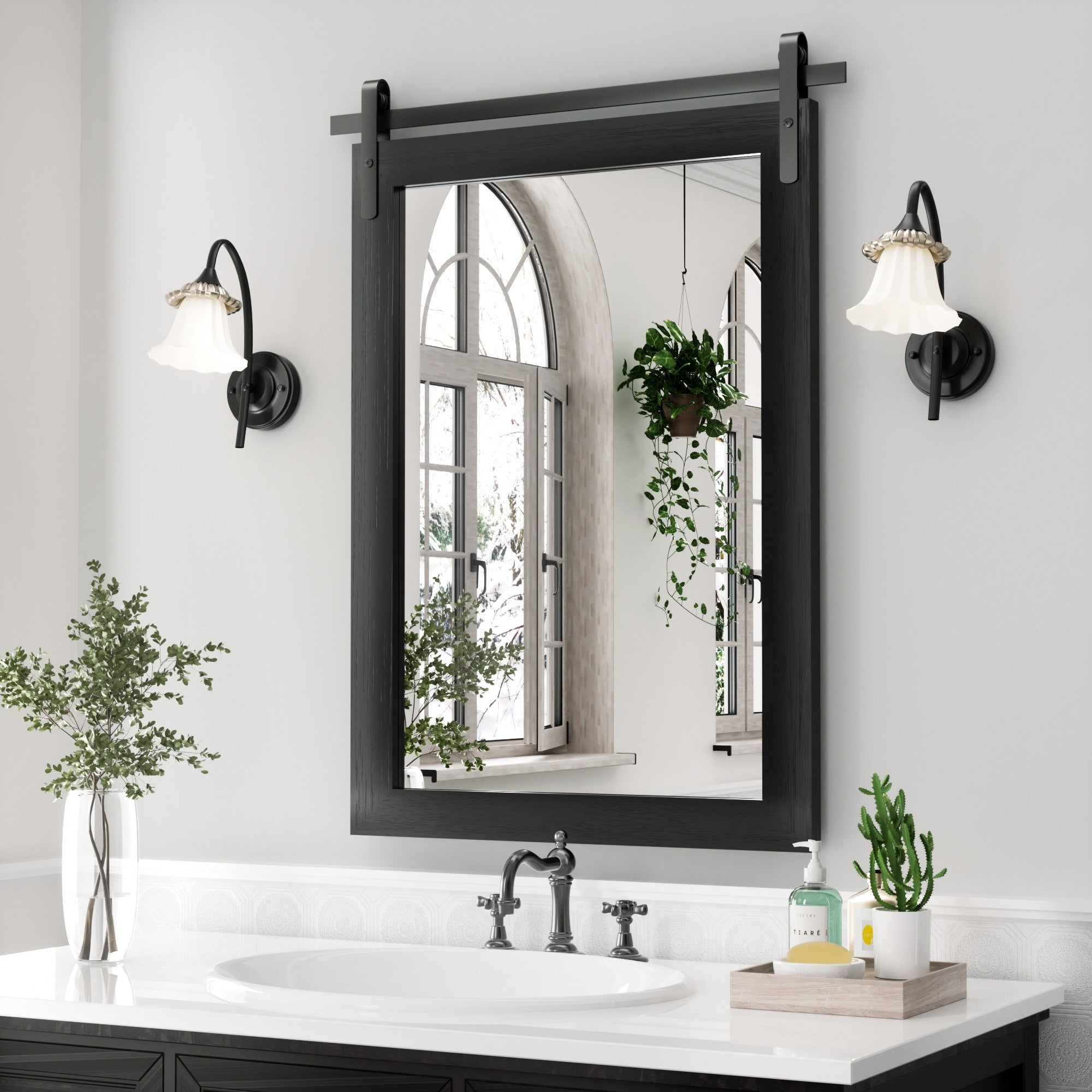 Modern Wall Mirrors, Rectangular Mirror with Wood Framed, Bathroom Mirror Barn Mirror Barn Door Mirror with Multi Size