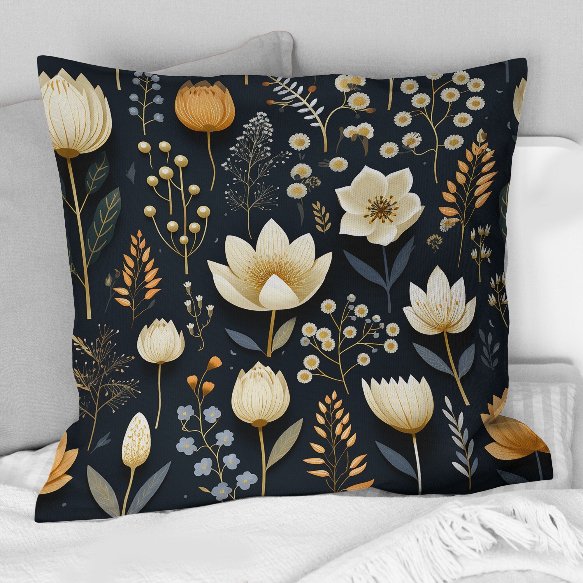 Designart Nordic White And Black Floral Dreams Floral Printed Throw Pillow