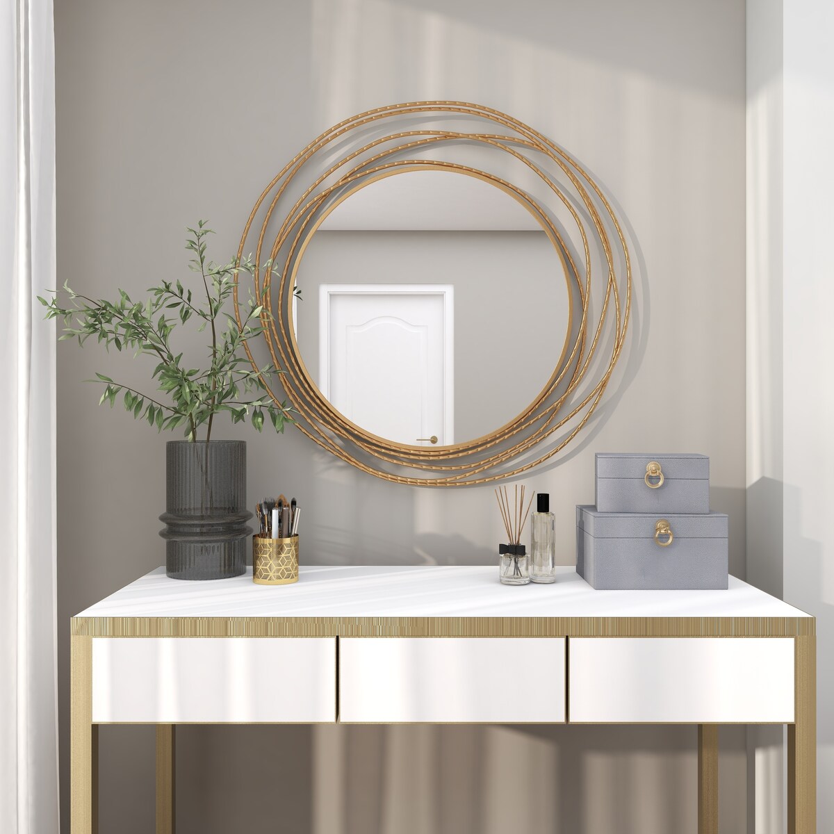 Metal Room Wall Mirror with Overlapping Ring Frame - Gold - Roche River Decor