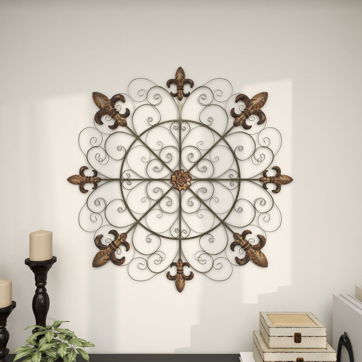 Metal Fleur De Lis Medallion Home Wall Decor with Detailed Scrollwork - Brown - Roche River Decor