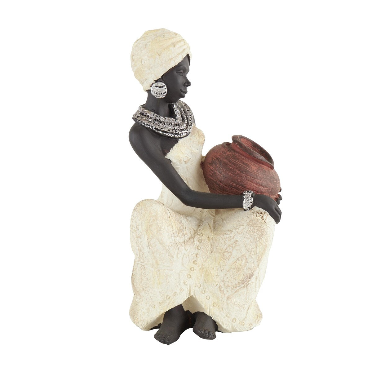 Polystone Woman Sitting African Decorative Sculpture with Red Water Pot - Cream - Roche River Decor