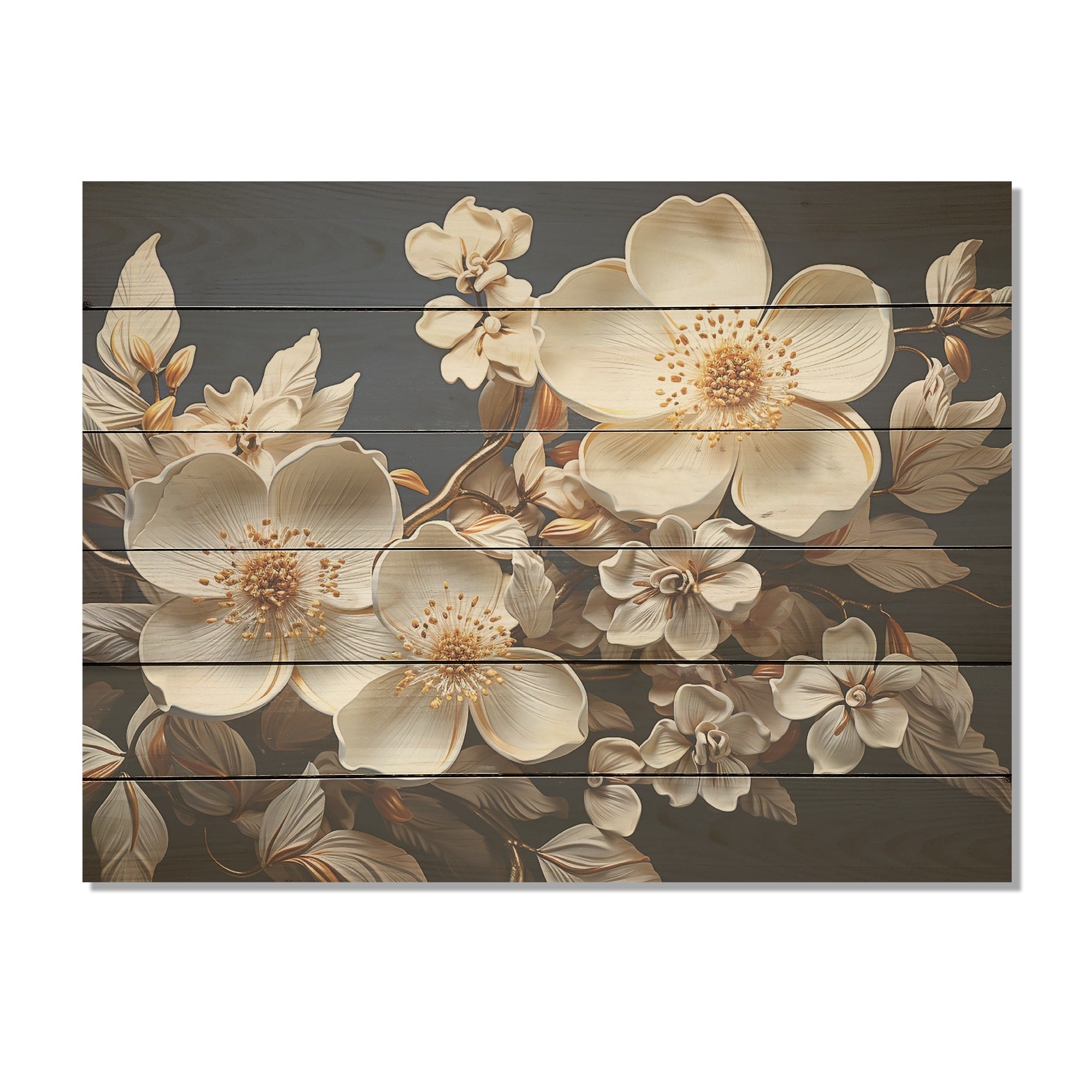 Designart Gilded White Dogwood Tranquility I Dogwood Wood Wall Decor - Traditional Wood Panel On Natural Pine Wood