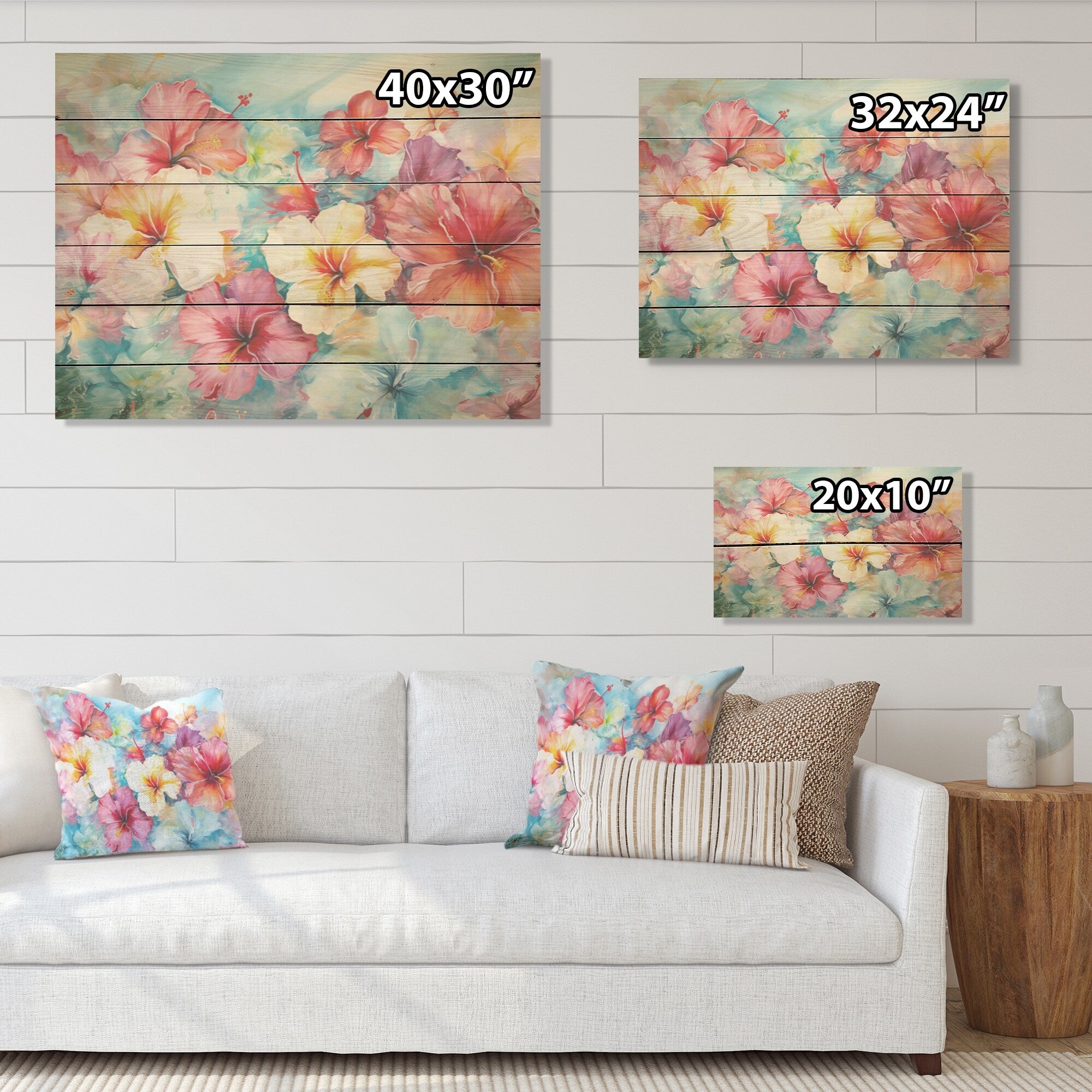 Designart Hibiscus Bliss Flower Blooms I Flower Field Wood Wall Decor - Multicolor Wood Panel On Natural Pine Wood