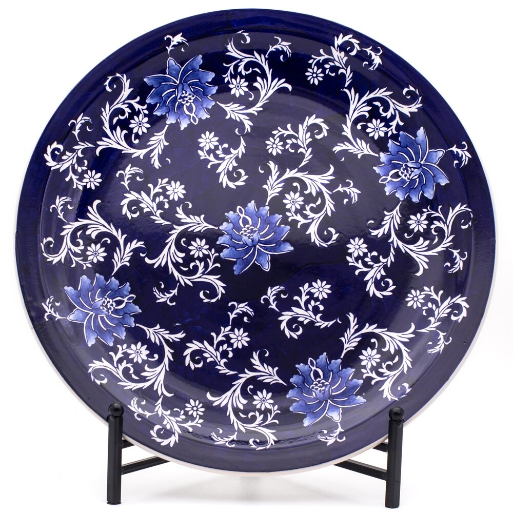 Euro Ceramica Blue Garden Ceramic 18 Decorative Plate with Stand - 18 in. x 18 in. x 2.5 in.