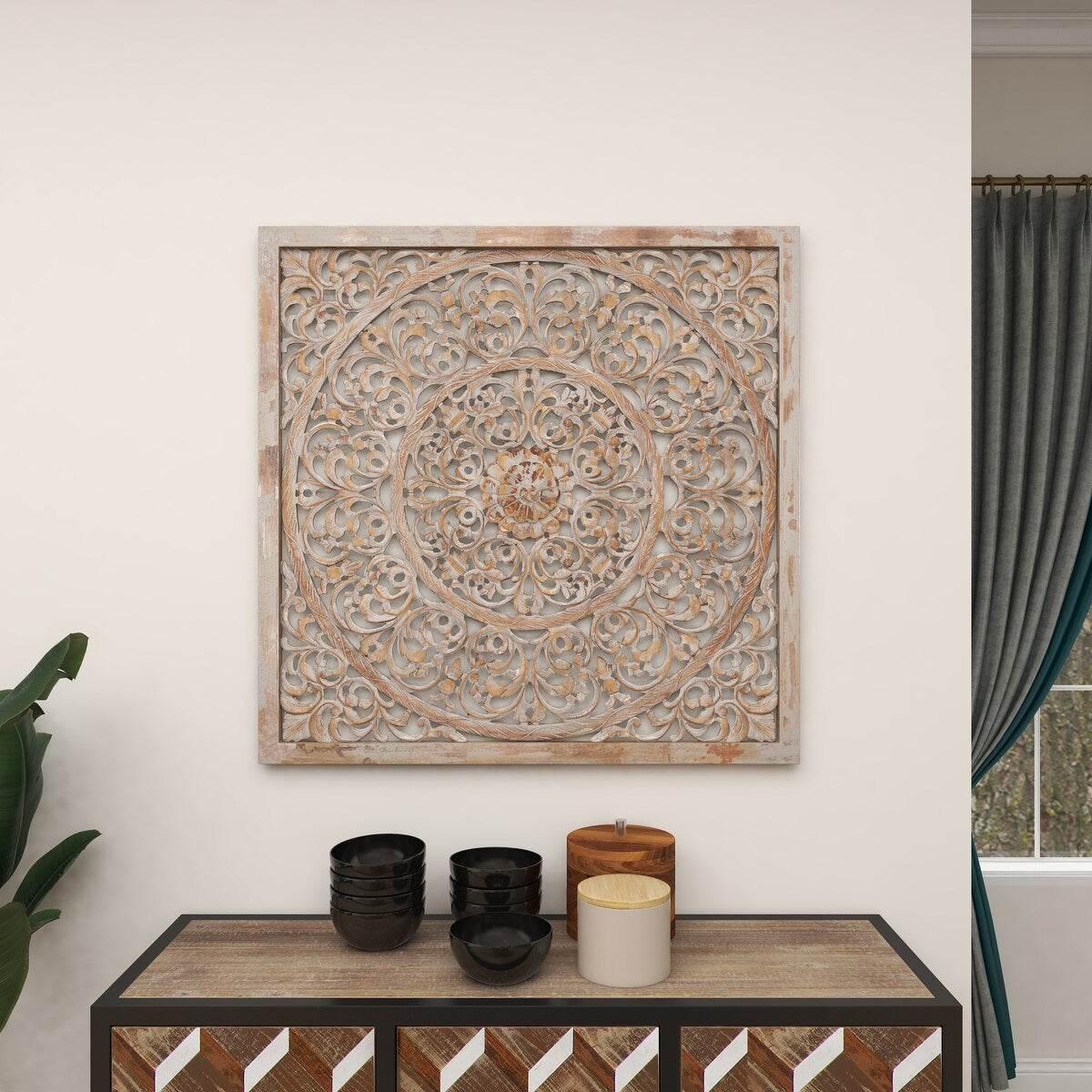 Wooden Floral Handmade Carved Scroll Mandala Home Wall Decor with Brown Distressing - Gray - Roche River Decor