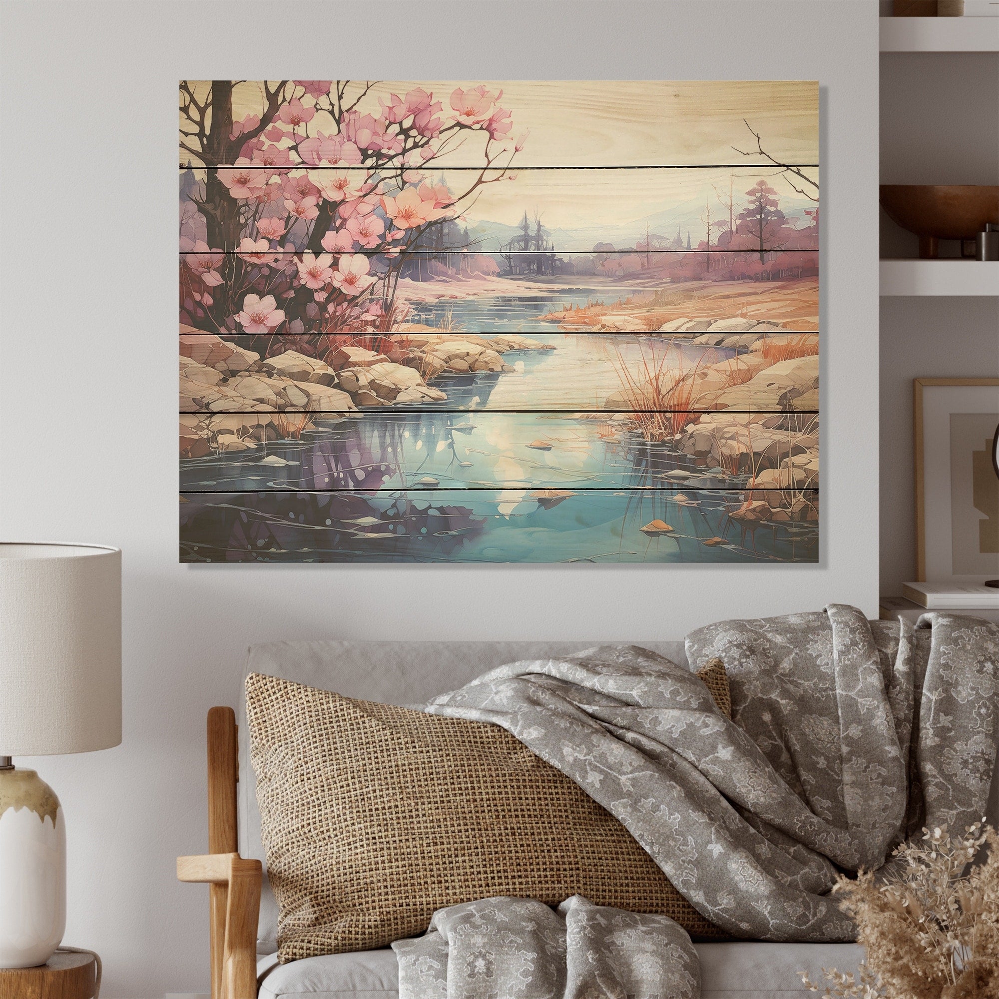 Designart Alcohol Ink River Tranquility Countryside Wood Wall Decor - Country Pink Wood Panel On Natural Pine Wood