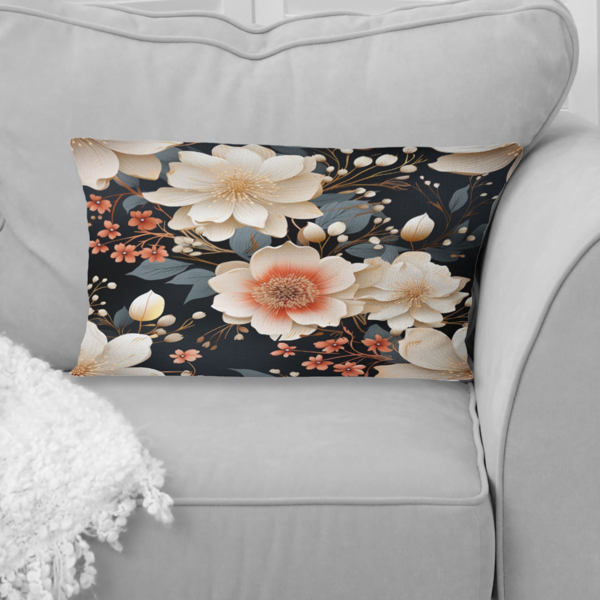 Designart Black Beige Garden Flower Serenade Floral Printed Throw Pillow