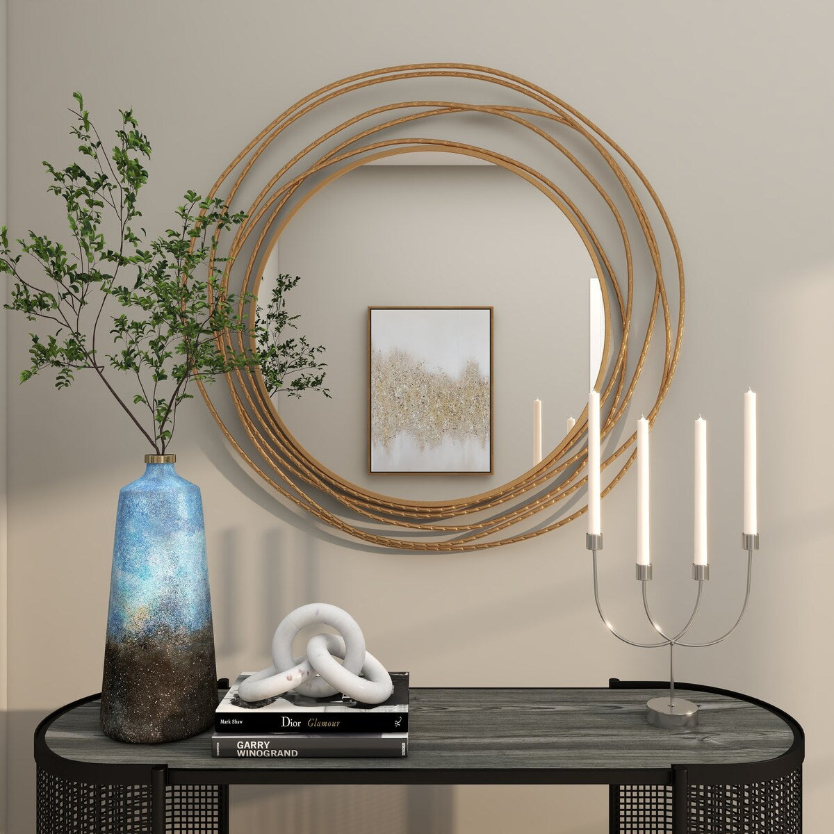 Metal Room Wall Mirror with Overlapping Ring Frame - Gold - Roche River Decor