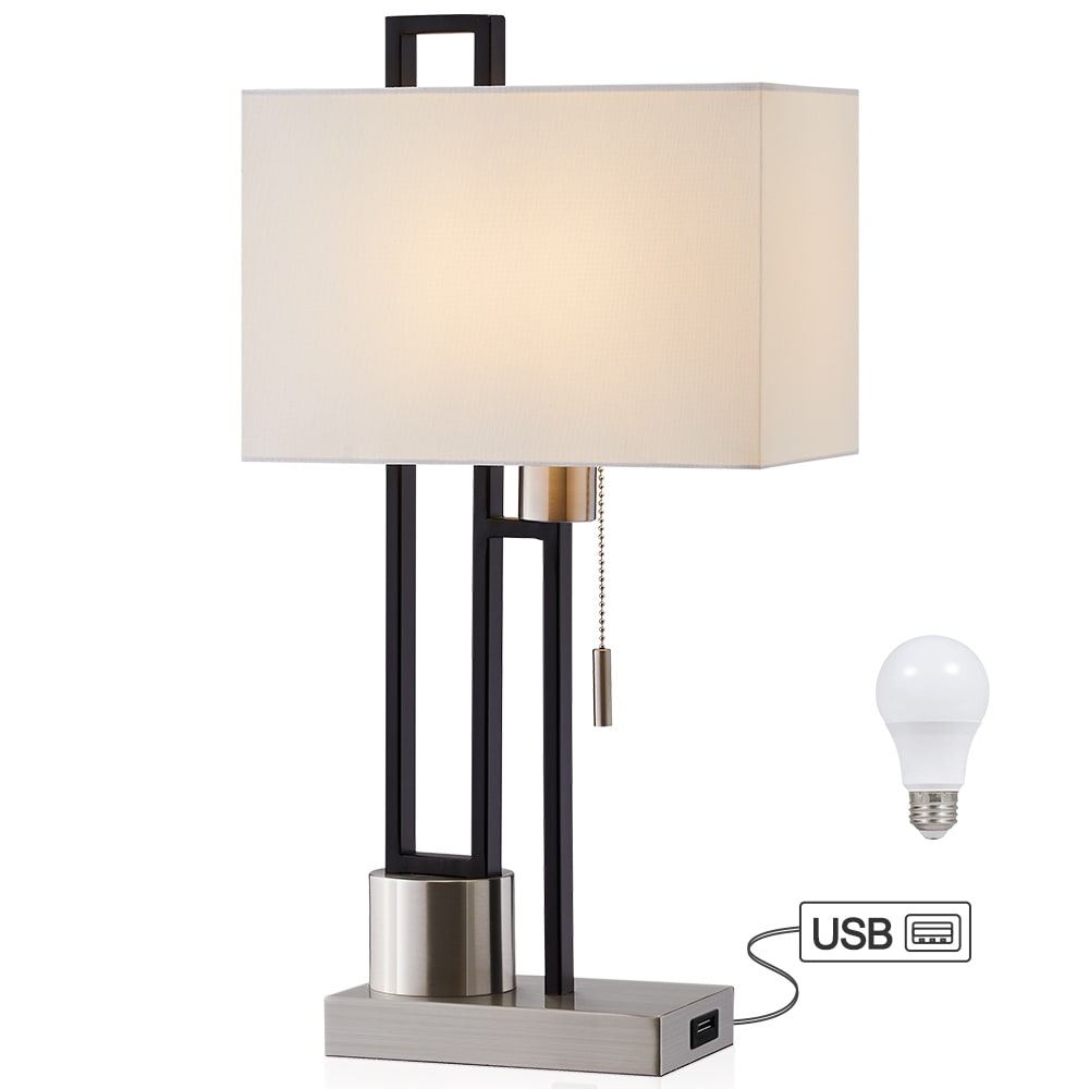 Matte Black/Brushed Nickel Table Lamp with USB Port and White Linen Shade， 9.5W LED Bulb Included - 21 H