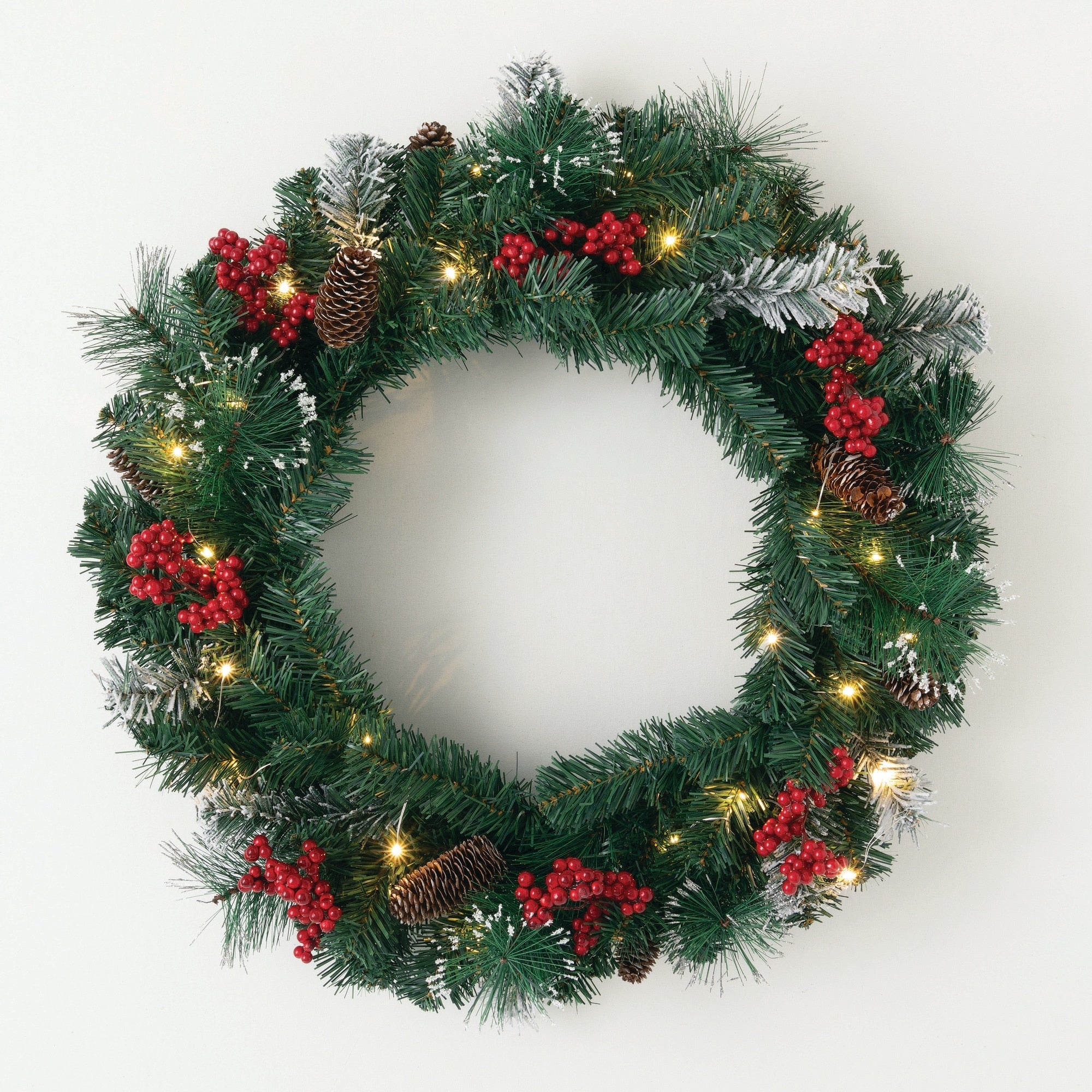 Sullivans Artificial 24 LED Mixed Pine Christmas Wreath with Flocking, Pinecones and Berries, Green