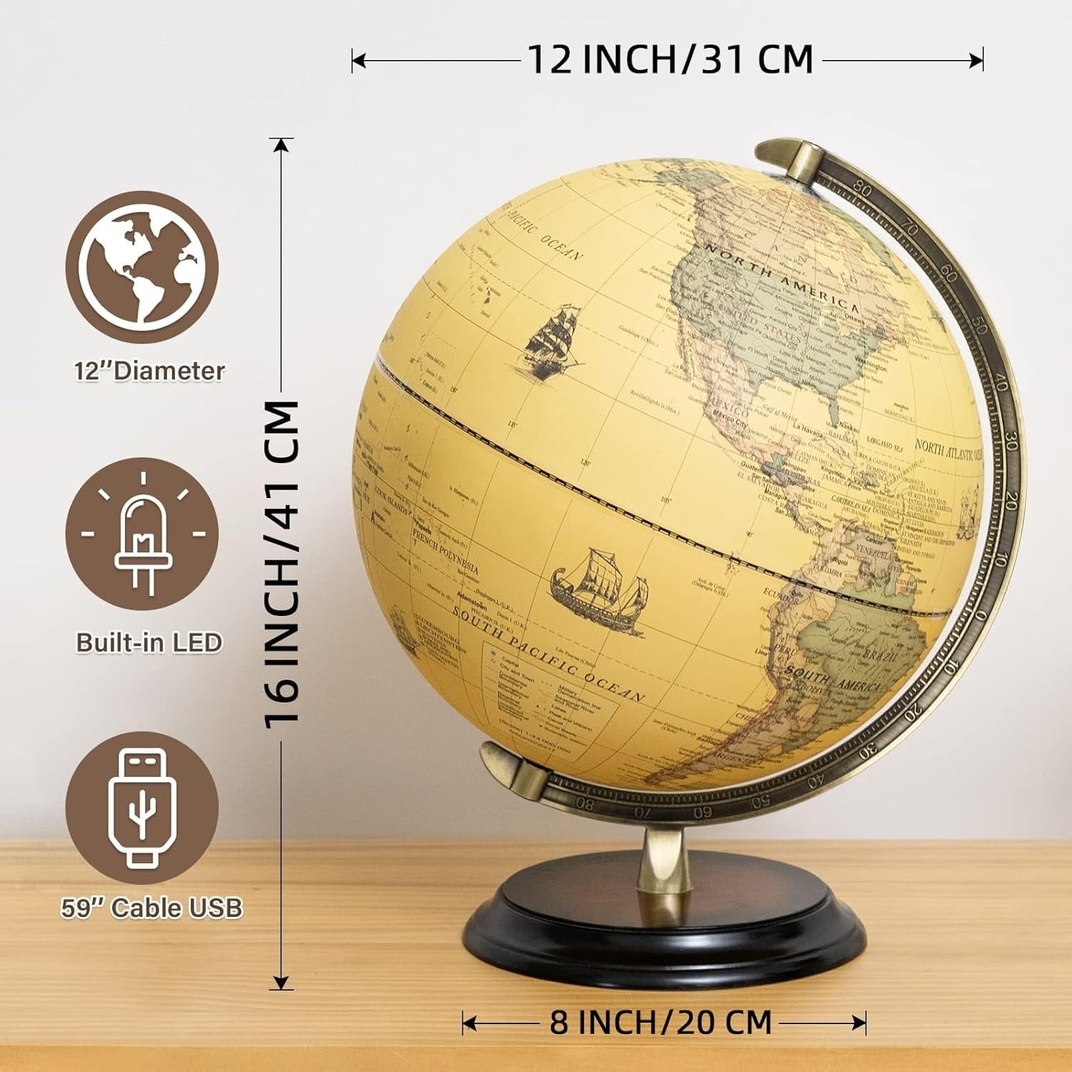BSHAPPLUS 12 Led Illuminated World Globe Vintage World Globe with Stand Yellow