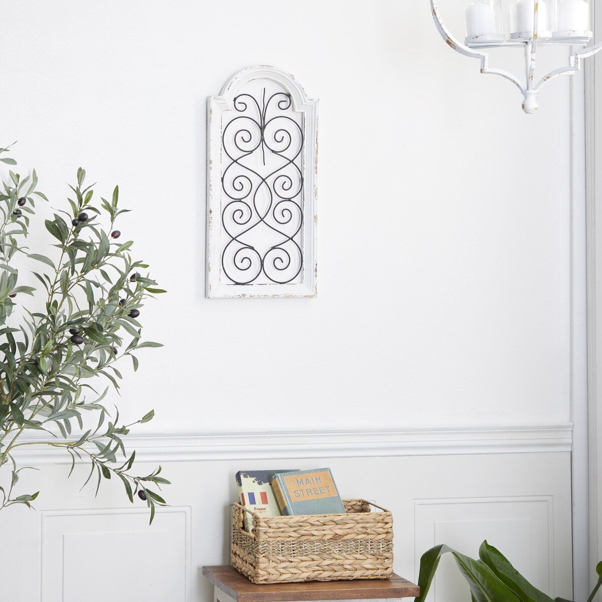 Wood Scroll Arched Window Inspired Home Wall Decor with Metal Scrollwork Relief - White - Roche River Decor