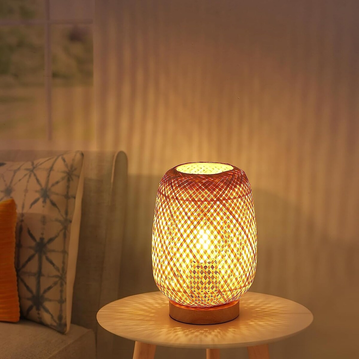 Farmhouse Natural Bamboo Rattan Table Lamp, Boho Handmade Woven Wooden Nightlight with, Industrial Wicker Desk Light Bedroom