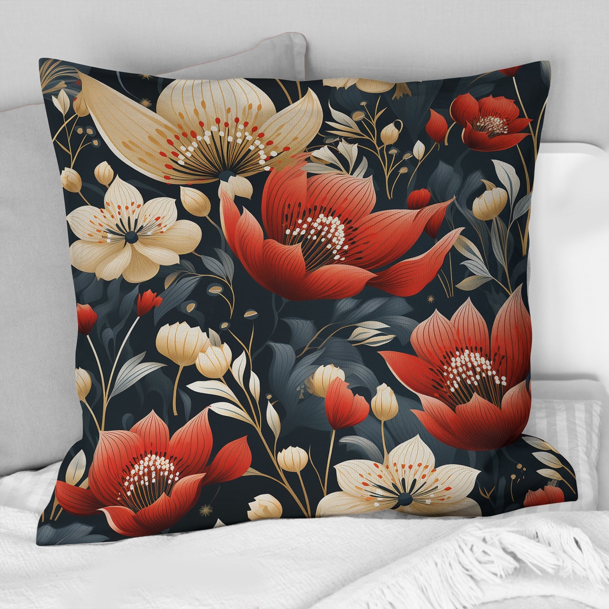 Designart Elegant Maritime Red And Beige Blooming Gardens Floral Printed Throw Pillow