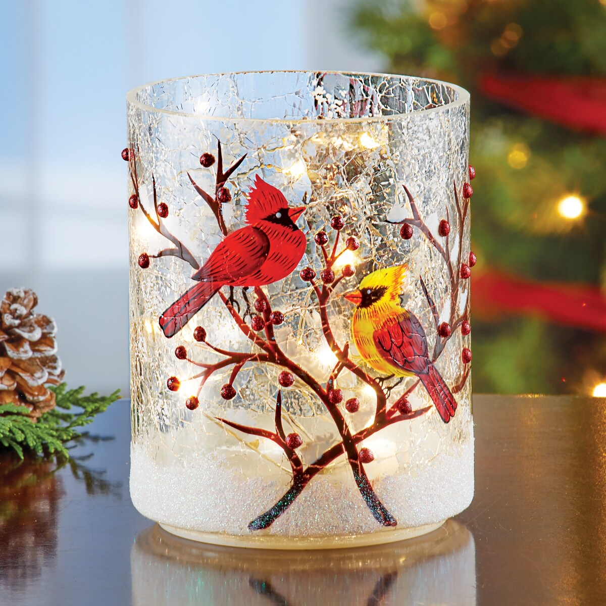 Hand Painted LED Lighted Cardinals Glass Tabletop Hurricane - Clear - NO SIZE