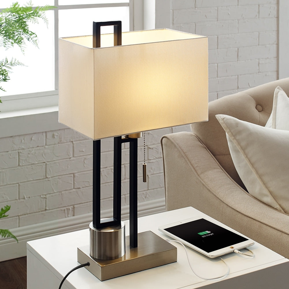 Matte Black/Brushed Nickel Table Lamp with USB Port and White Linen Shade， 9.5W LED Bulb Included - 21 H