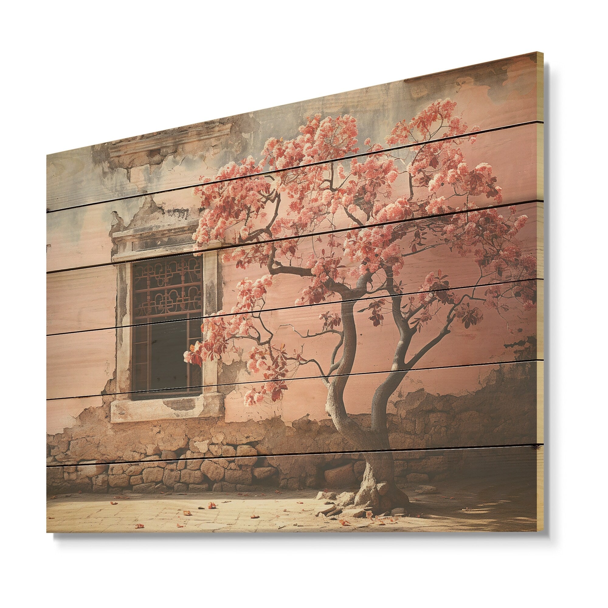 Designart Pink Tree Photography Simplicity Tree Wood Wall Decor - Modern Pink Wood Panel On Natural Pine Wood