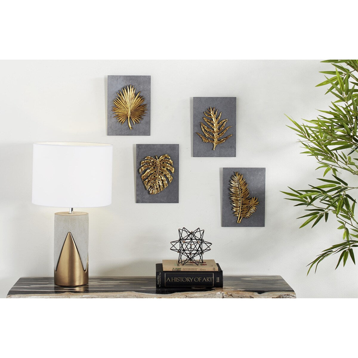 Cement Stone Leaf Framed 3D Home Wall Decor - Set of 4 Gold - Roche River Decor