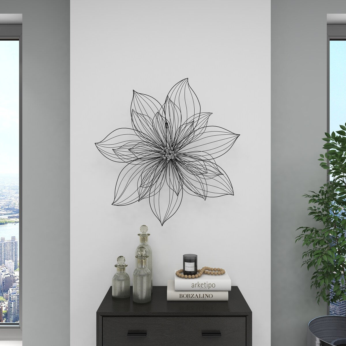 Metal Floral 3D Wire Home Wall Decor with Crystal Embellishments - Black - Roche River Decor