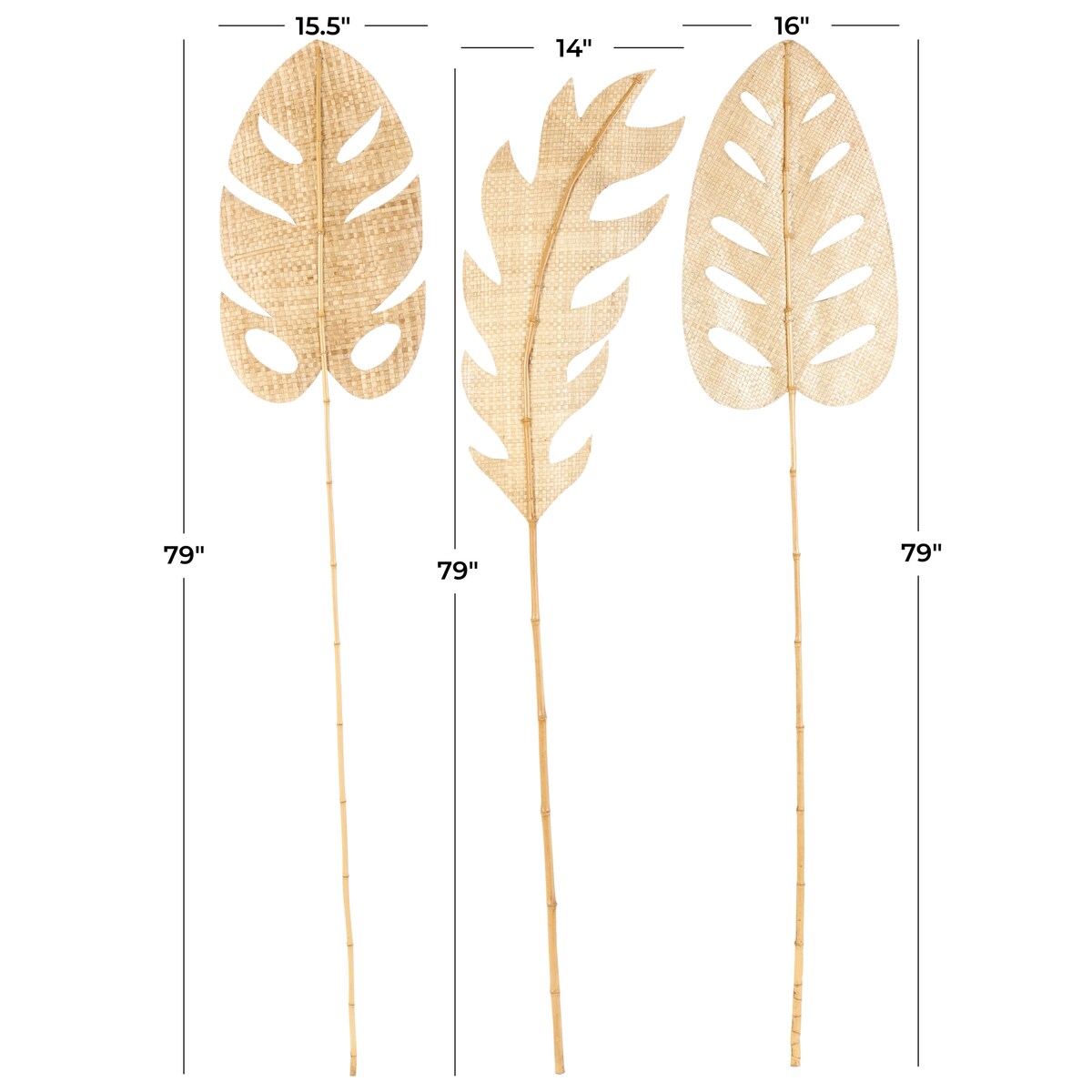 Bamboo Wood Leaf Handmade Tall Woven Palm Leaf Home Decor Natural Foliage - Set of 3 Light Brown - Roche River Decor