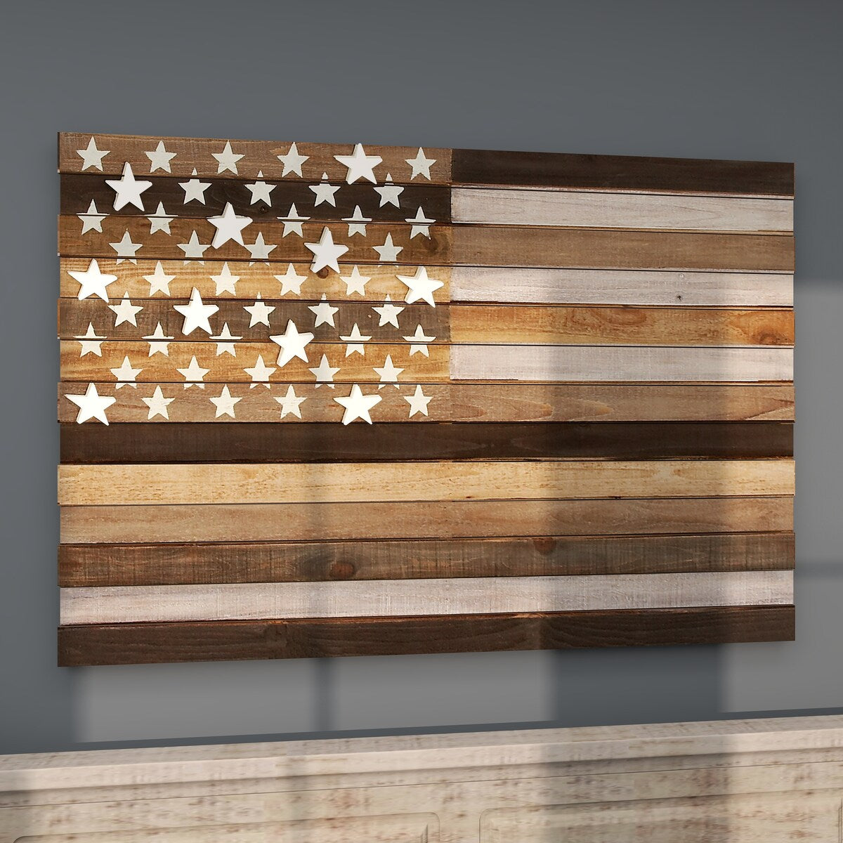 Wood American Flag Handmade Washed Home Wall Decor with Slatted Panels and Cream Stars - Brown - Roche River Decor