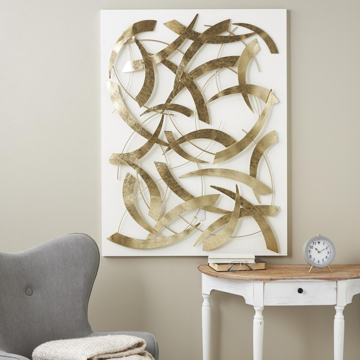 Metal Abstract Metallic Curved Rod Home Wall Decor with White Wood Backing - Gold - Roche River Decor