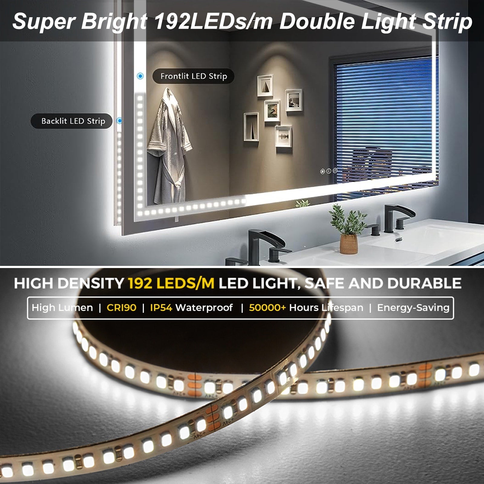 Apmir Full Size Frameless Front and Back LED Lighted Bathroom Vanity Mirror Anti-Fog in Tempered Glass & ETL