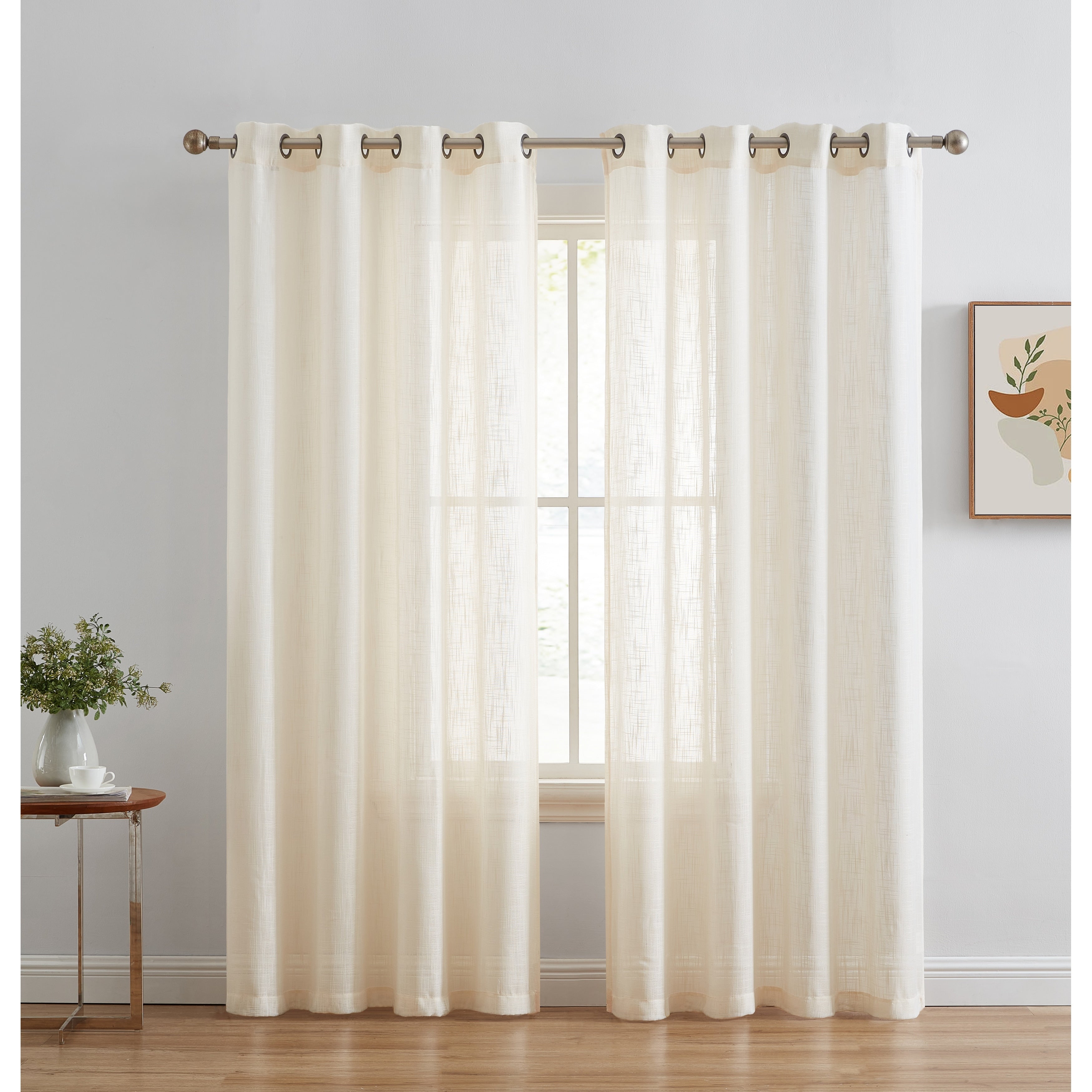 HLC.me Abbey Faux Linen Textured Semi Sheer Privacy Light Filtering Transparent Window Grommet Curtain Panels, Pair