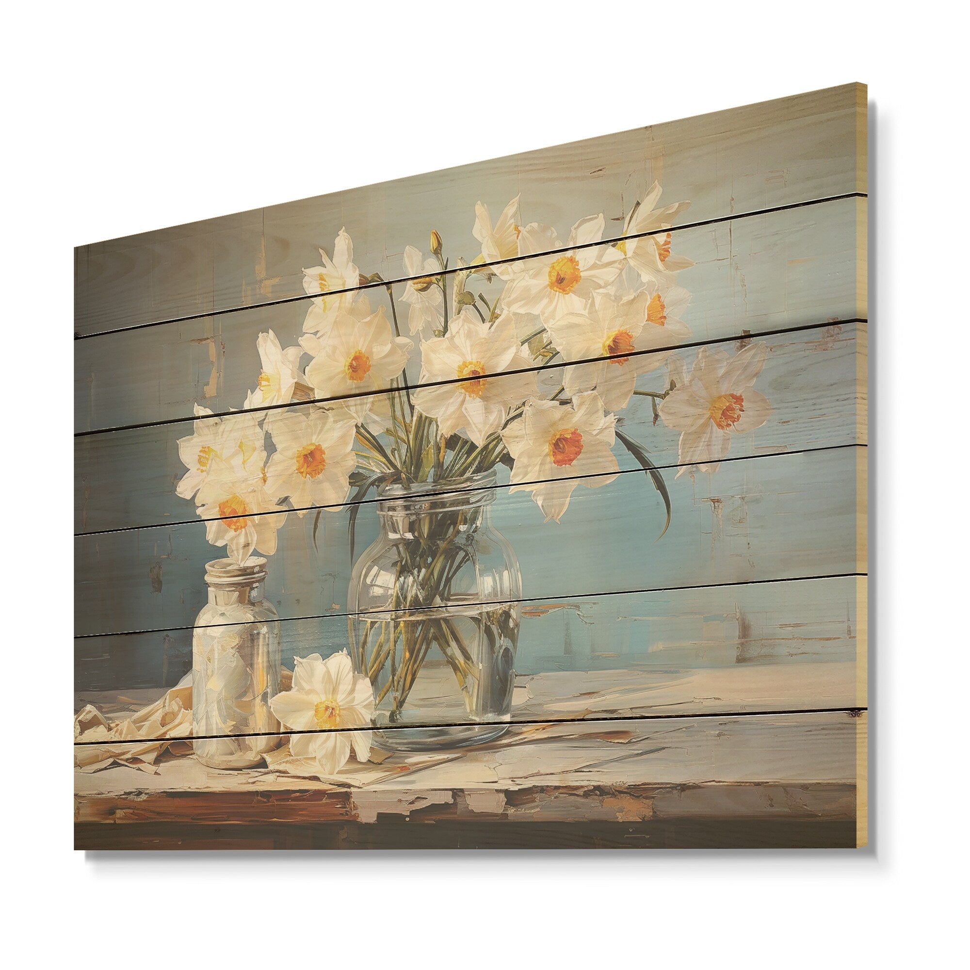 Designart Daffodils Farmhouse Still Life Daffodils Wood Wall Decor Traditional White Wood Panel On Natural Pine Wood