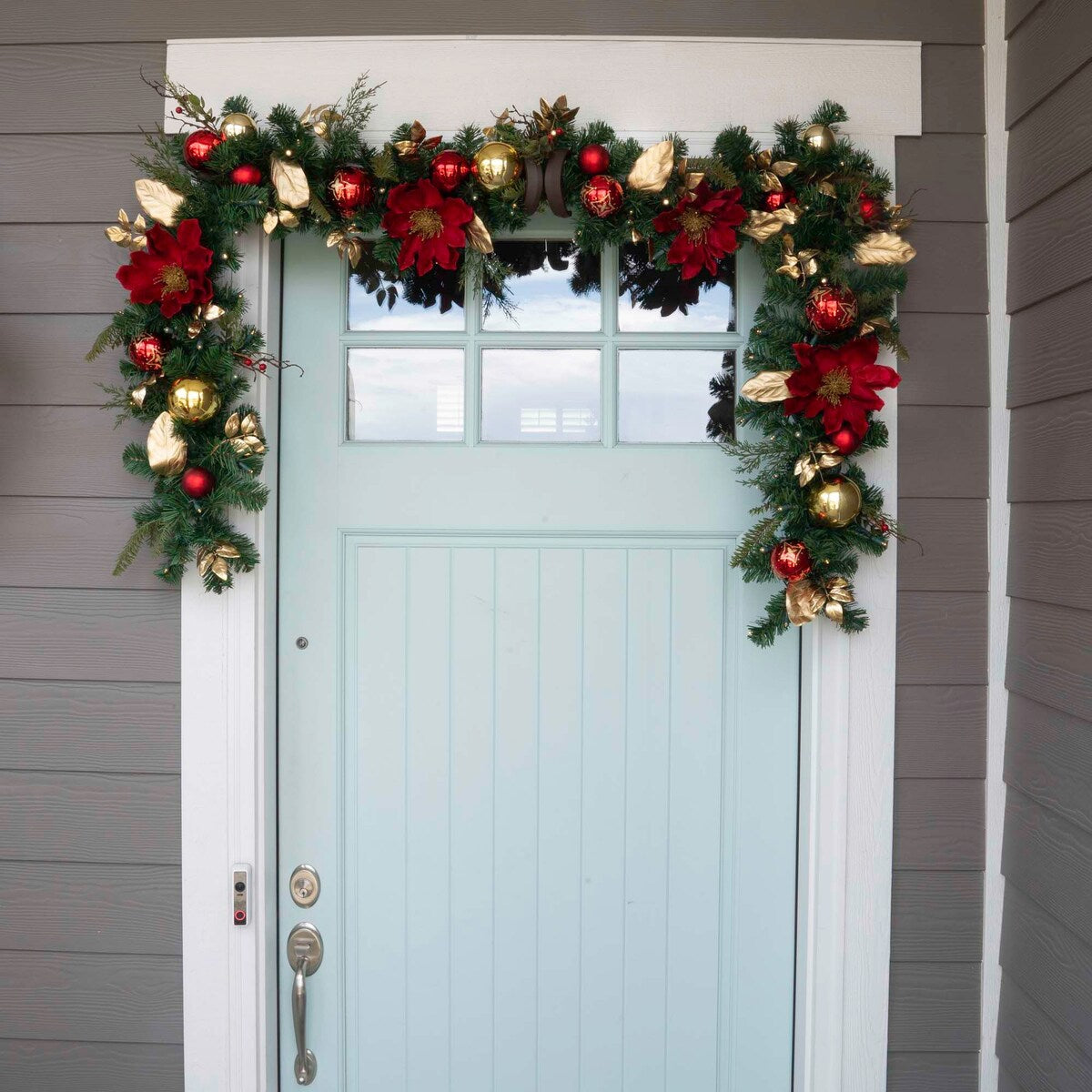 9 ft. Artificial Christmas Garland with Lights - Golden Leaf Red Magnolia - 9 Foot