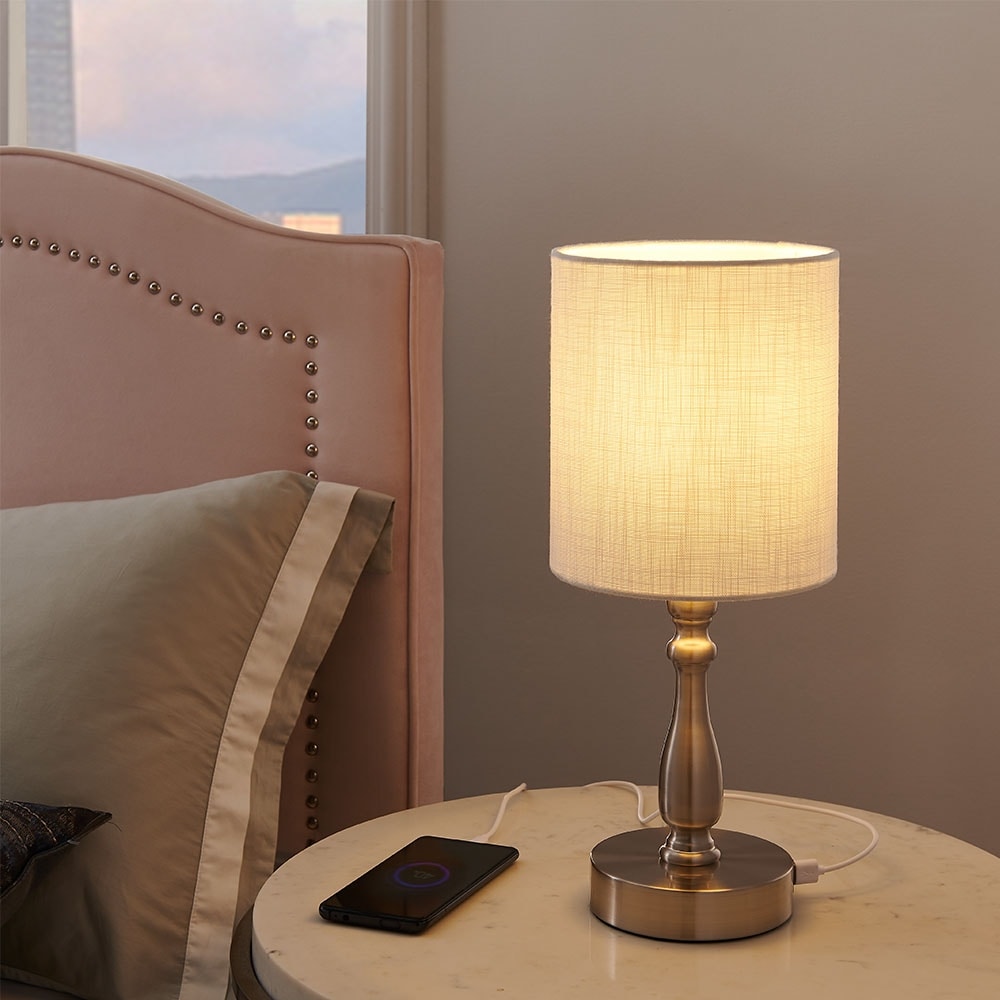 3-Way Dimmable Touch Control Small Table Lamp with 2 USB Port, Brushed Steel