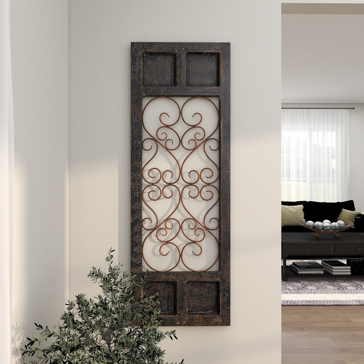 Wood Scroll Window Inspired Panel Home Wall Decor with Copper Metal Scrollwork - Brown - Roche River Decor